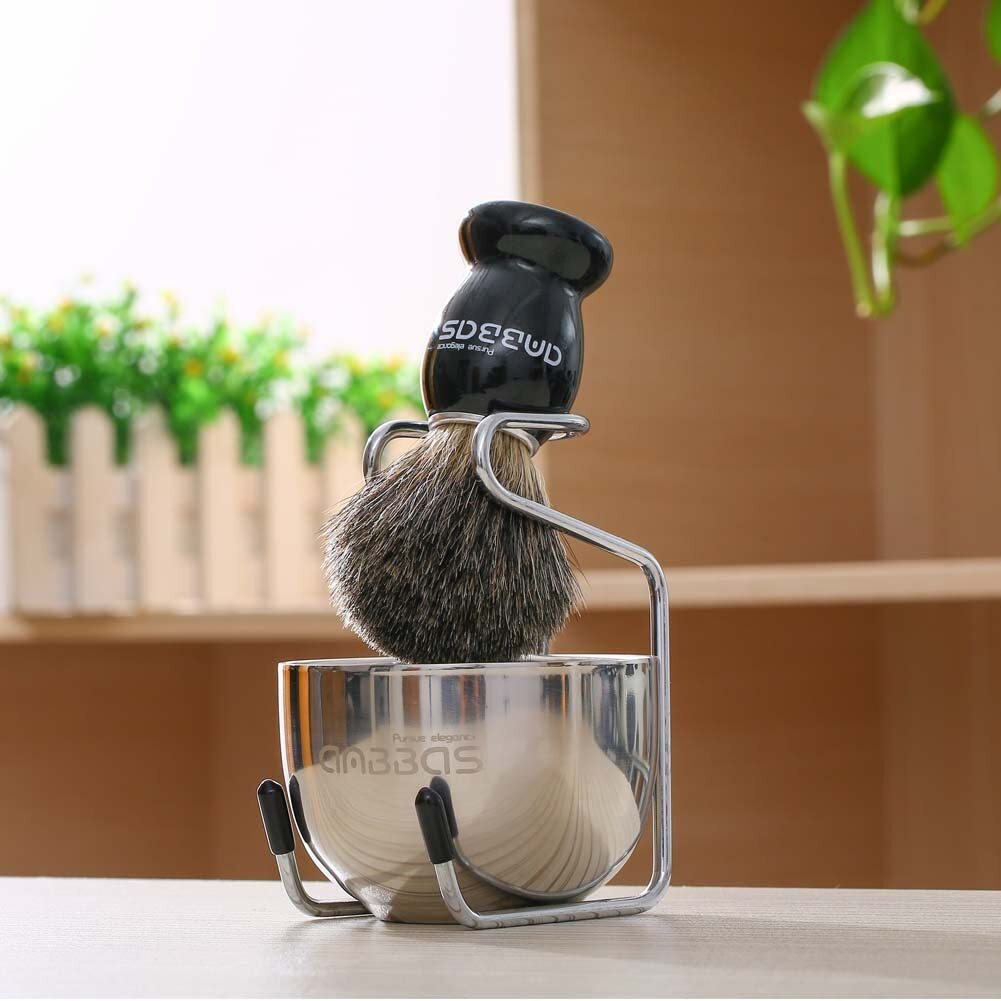 Anbbas Shaving Brush, 3In1 Best Pure Badger Shaving Brush Black Wood Handle,Stainless Steel Shaving Stand Brush Holder And Dia 3.2 Inches Shaving Soap Bowl For Men Perfect Wet Shaving Set