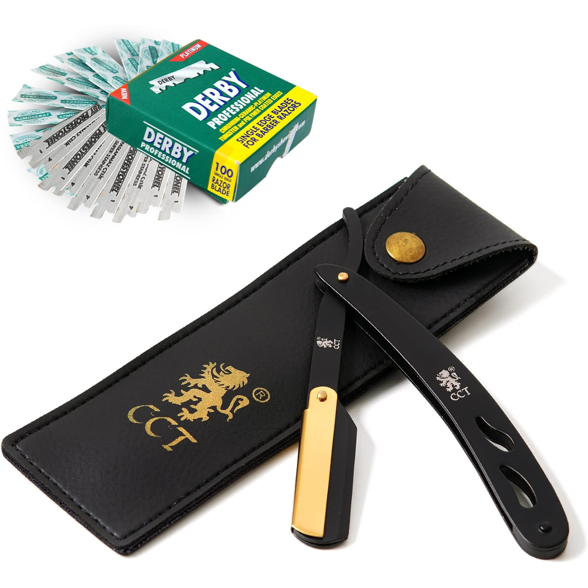The Cambridge Cutthroat Cut Throat Razor Kit With Travel Pouch - Black And Gold Stainless Steel Professional Barber Razor Men - Single Blade Straight Edge Razor - Moustache Shaver & Beard Shaper