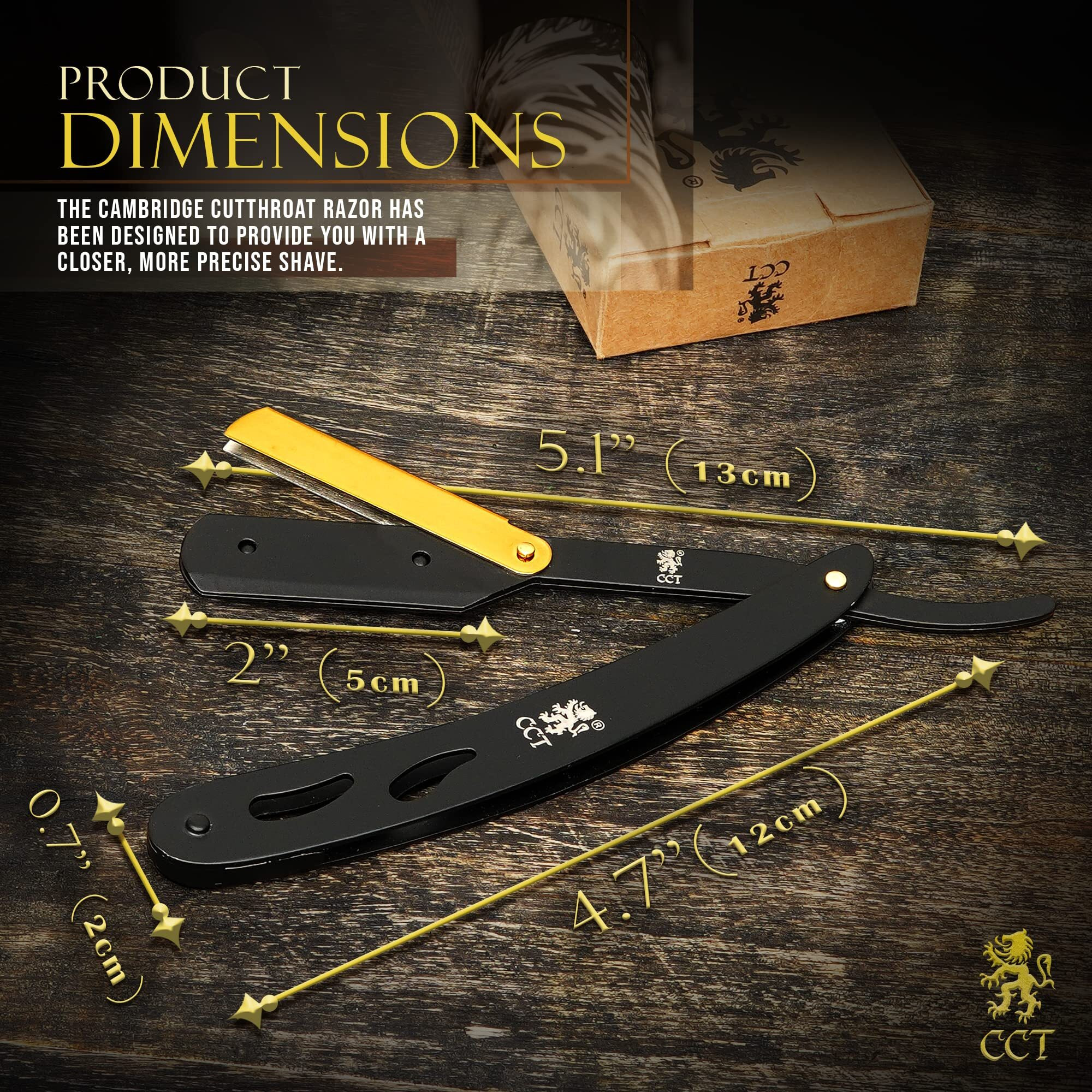 The Cambridge Cutthroat Cut Throat Razor Kit With Travel Pouch - Black And Gold Stainless Steel Professional Barber Razor Men - Single Blade Straight Edge Razor - Moustache Shaver & Beard Shaper