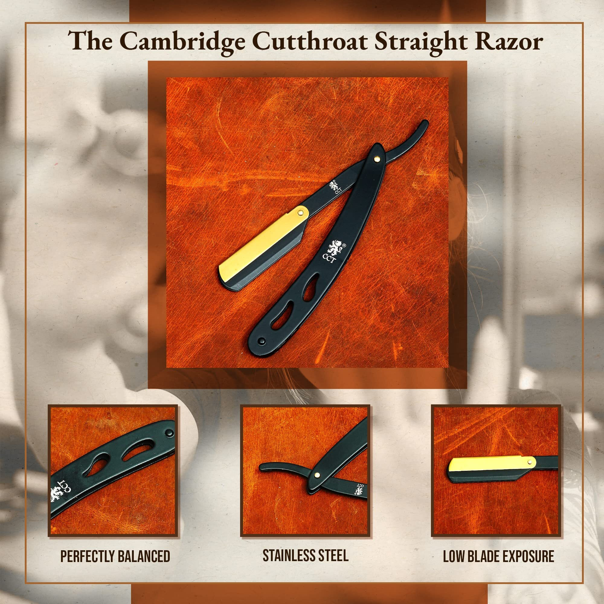 The Cambridge Cutthroat Cut Throat Razor Kit With Travel Pouch - Black And Gold Stainless Steel Professional Barber Razor Men - Single Blade Straight Edge Razor - Moustache Shaver & Beard Shaper