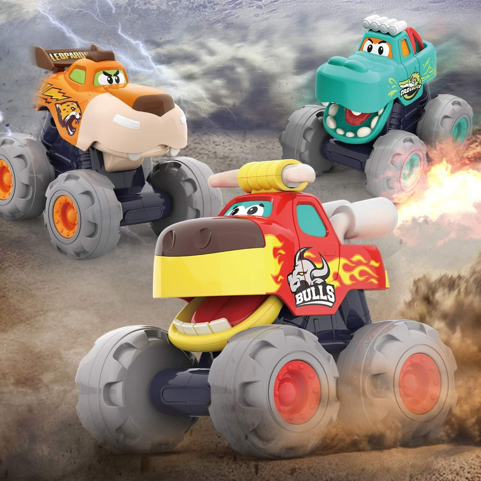 Toy Cars For 1 2 3 Year Old 3 Pack Monster Truck Toy Push & Go Crocodile Friction Powered Bull Pull Back Leopard Car Big Wheel Animal Car Baby Toy Gift For 12 18 Month Boys Girls Toddlers