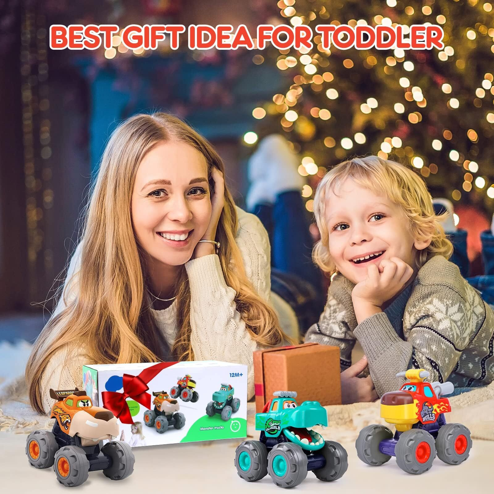 Toy Cars For 1 2 3 Year Old 3 Pack Monster Truck Toy Push & Go Crocodile Friction Powered Bull Pull Back Leopard Car Big Wheel Animal Car Baby Toy Gift For 12 18 Month Boys Girls Toddlers