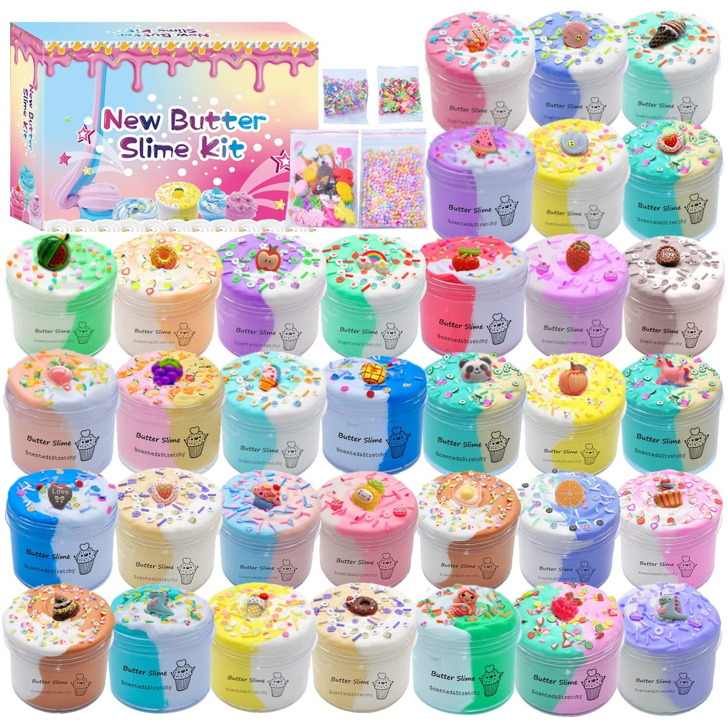 Inksbui Butter Slime Kit 34 Packed Two-Toned Colorful Slime, Stress Relief Toys, Party Favors For Kids Girl Boys Kids 6 7 8 9 10 11 12