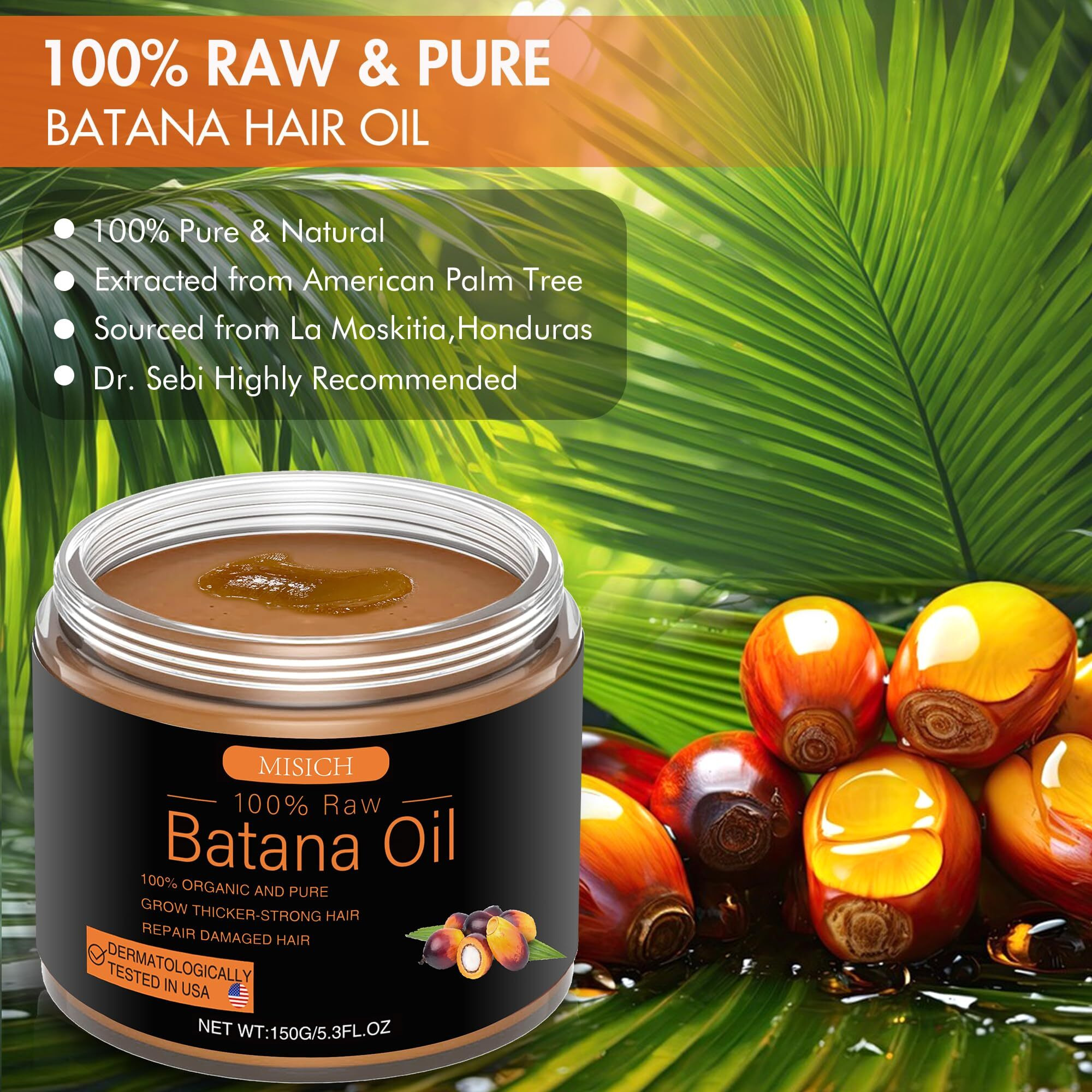 Raw Batana Oil For Hair Growth, 100% Natural Pure Dr. Sebi Batana Oil From Honduras, Unrefined Organic Batana Oil Hair Growth Oil For Prevent Hair Loss, Enhances Hair Thickness For Men & Women 5.3 Oz