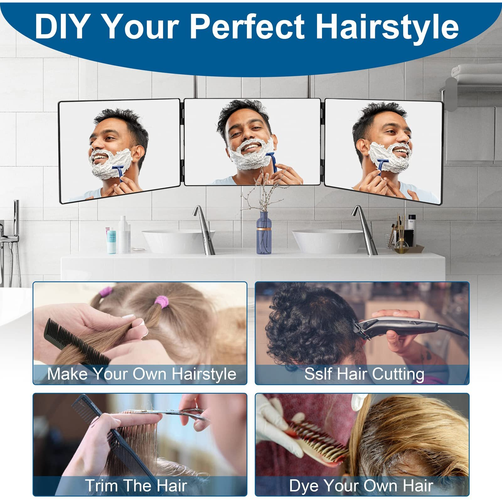 Lmznxcz 3 Way Mirror For Self Hair Cutting,360 Haircuts Mirror Men For Barber Use Tools,To See Back Of Head,Tri Fold Mirror With Portable Height Adjustable Telescoping Hooks