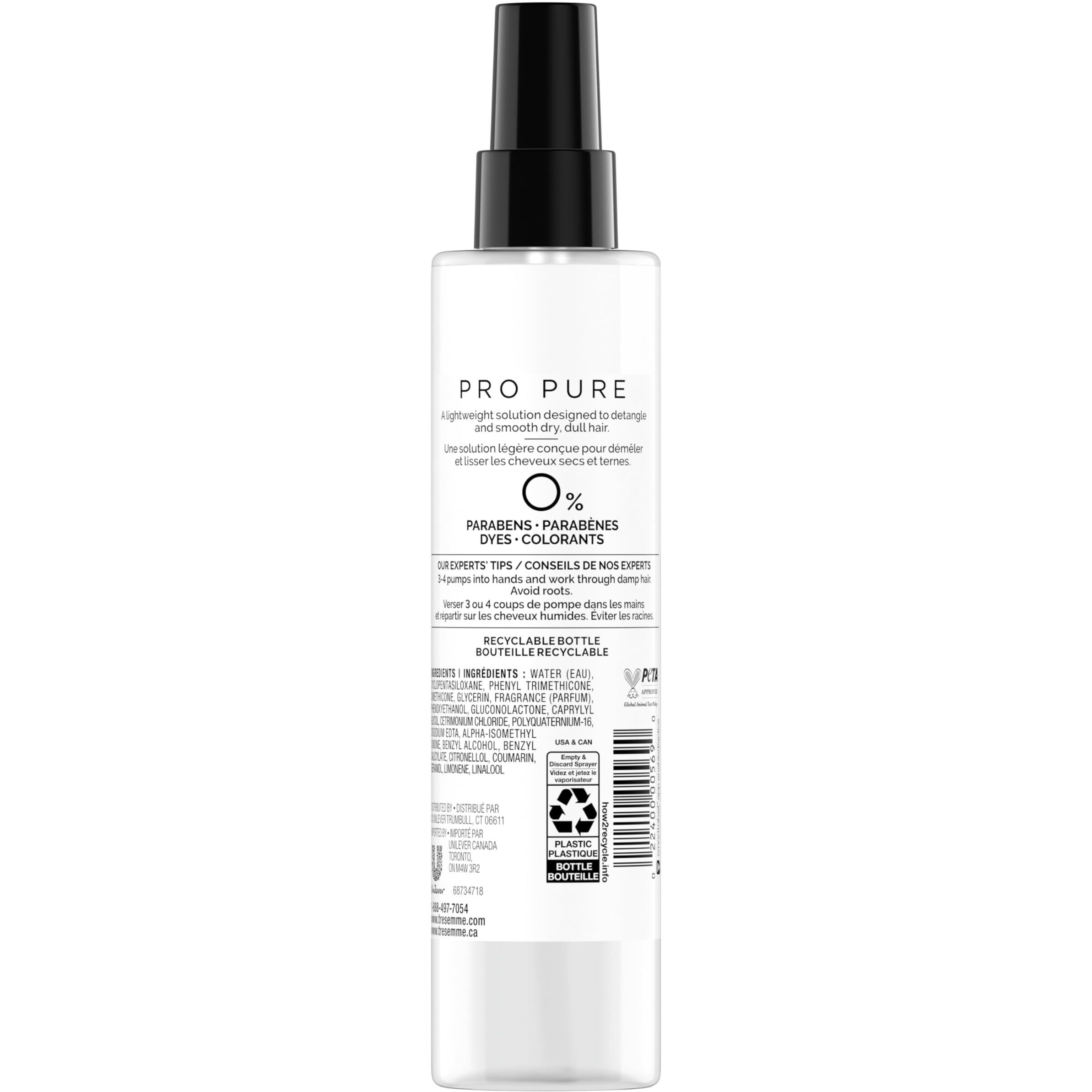 Tresemme Conditioner, Leave-In Hair Detangler Spray For Women & Men - Pro Pure Detangle & Smooth Sulfate-Free Conditioner For Dry, Damaged Hair Care, Cruelty-Free, 6.1 Fl Oz