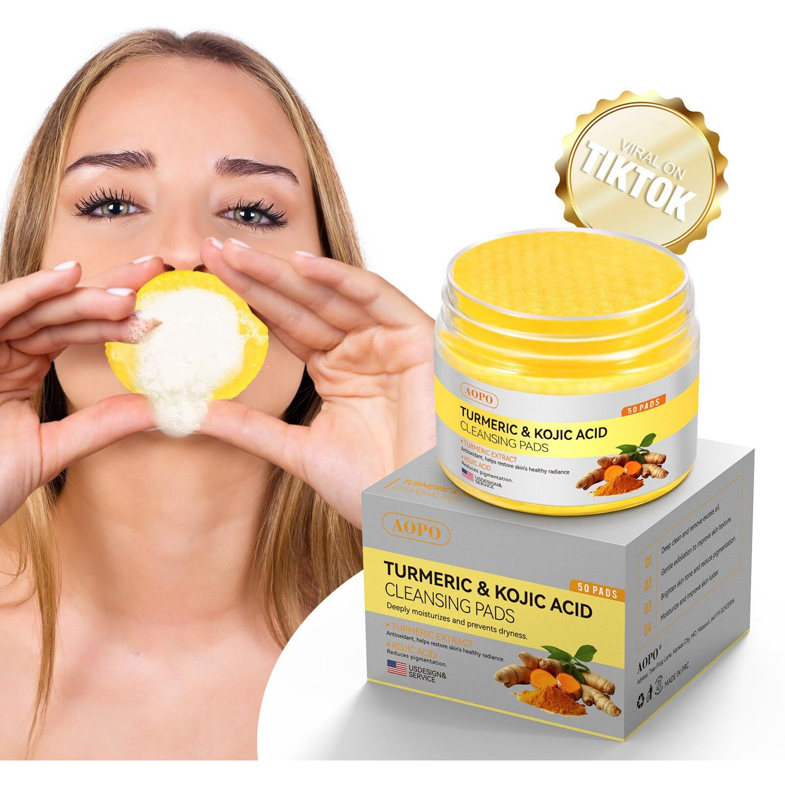 Kojic Acid And Turmeric Cleansing Pads, 50 Pcs, For Face Cleansing And Exfoliation
