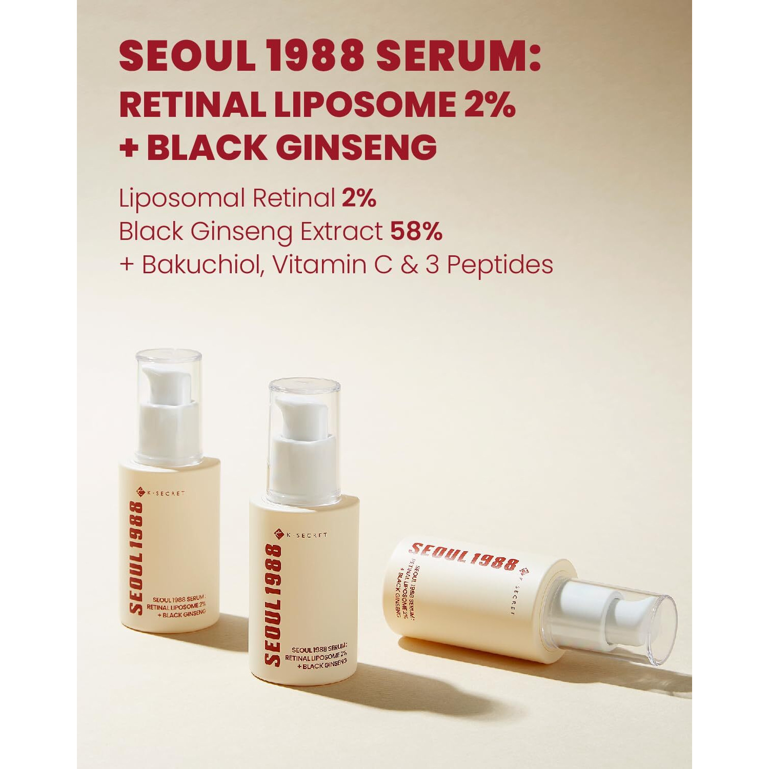 Ksecret Seoul 1988 Serum  Retinal Liposome 2% + Black Ginseng, 30Ml/1.01Fl.Oz | 58% Black Ginseng Extract | Retinal Serum, Bakuchiol, Vitaminc&3Peptides For Wrinkle Care | Korean Skincare | Seoul1988