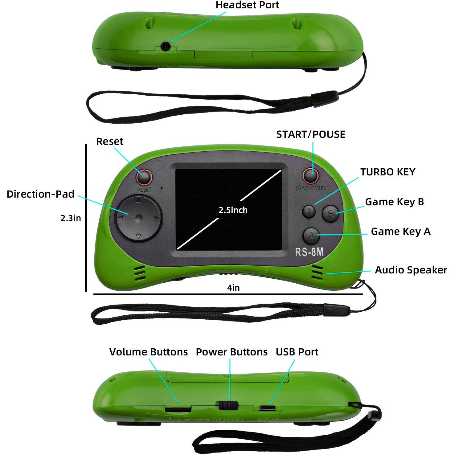 Kids Handheld Game Portable Video Game Player With 200 Games 16 Bit 2.5 Inch Screen Mini Retro Electronic Game Machine For Boys Girls (Green)