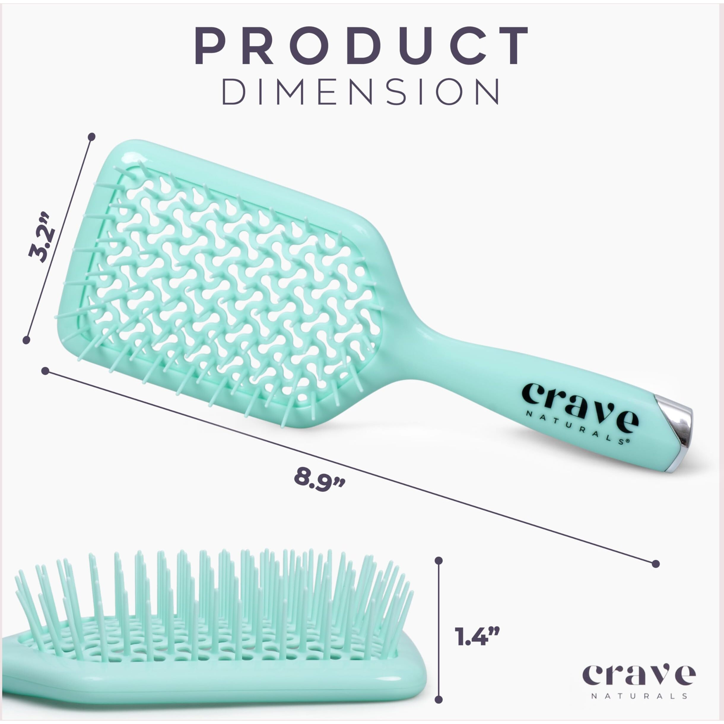Crave Naturals Detangling Hair Brush - Lightweight Vented Cushion Curly Hair Brush With Gentle Bristles For Wet And Dry Hair - Detangling Brush For All Hair Types - Turquoise