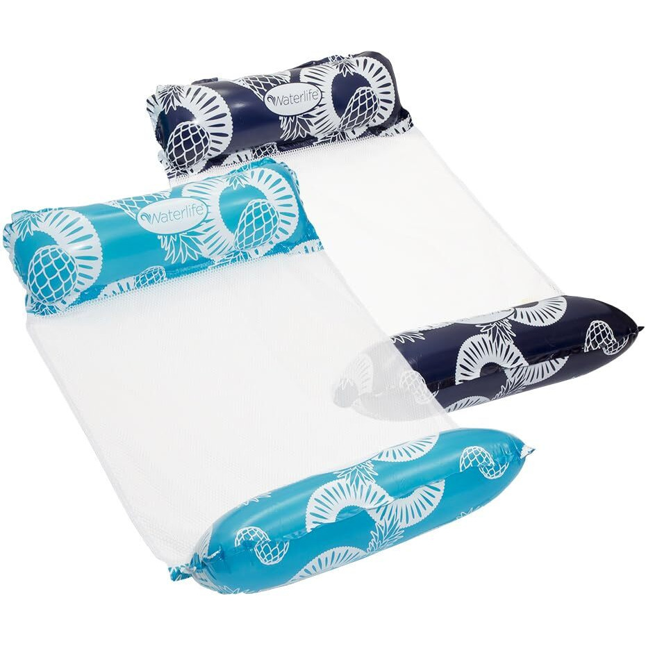 Waterlife 4-In-1 Pool Hammock 2-Pack, Inflatable Pool Chair Float, Water Hammock (Saddle, Lounge Chair, Hammock, Drifter), Navy & Light Blue