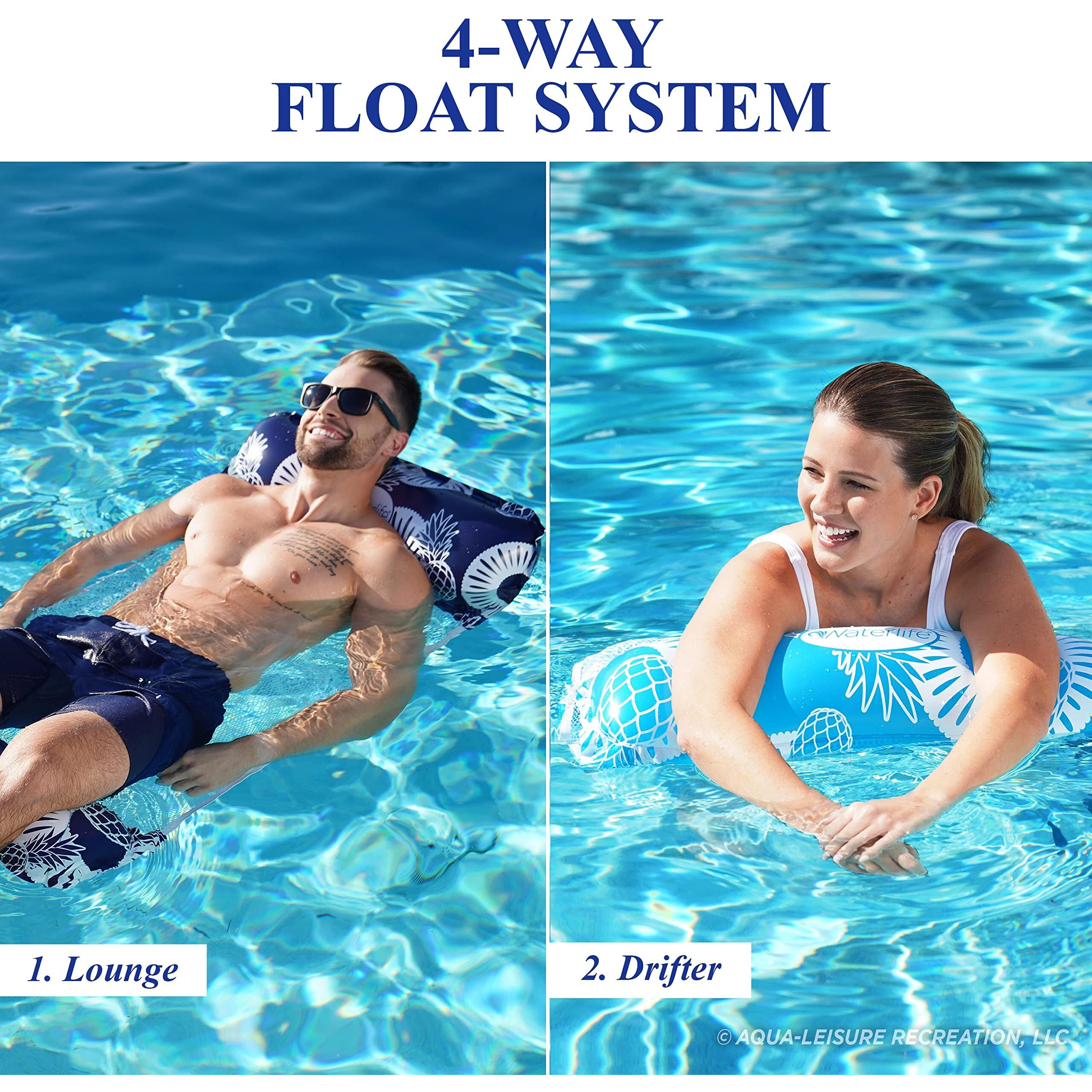 Waterlife 4-In-1 Pool Hammock 2-Pack, Inflatable Pool Chair Float, Water Hammock (Saddle, Lounge Chair, Hammock, Drifter), Navy & Light Blue