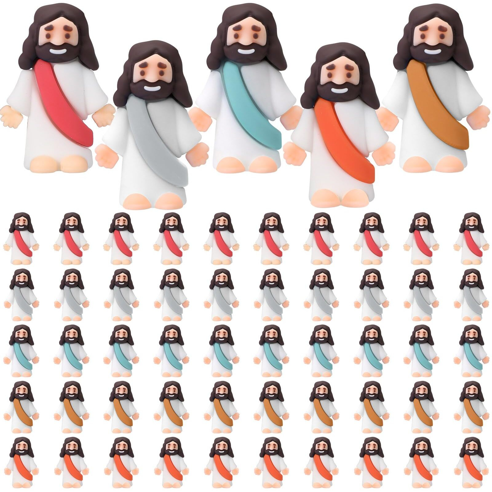 Sumind 50 Pcs Jesus Toys Original Design Mini Rubber Little Jesus Figurine To Hide And Seek Religious Party Favors Sunday School Craft Baptism Gifts For Easter Egg Stuffers(Bohemian)