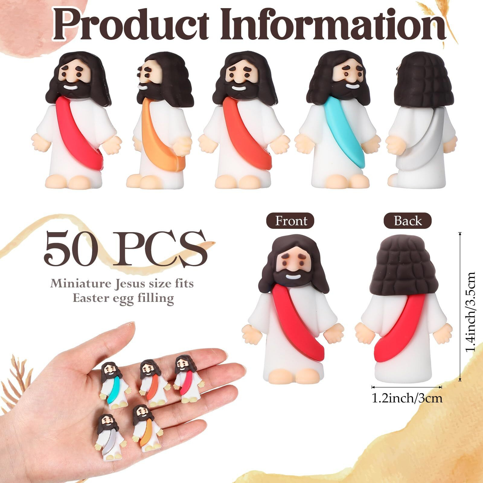 Sumind 50 Pcs Jesus Toys Original Design Mini Rubber Little Jesus Figurine To Hide And Seek Religious Party Favors Sunday School Craft Baptism Gifts For Easter Egg Stuffers(Bohemian)