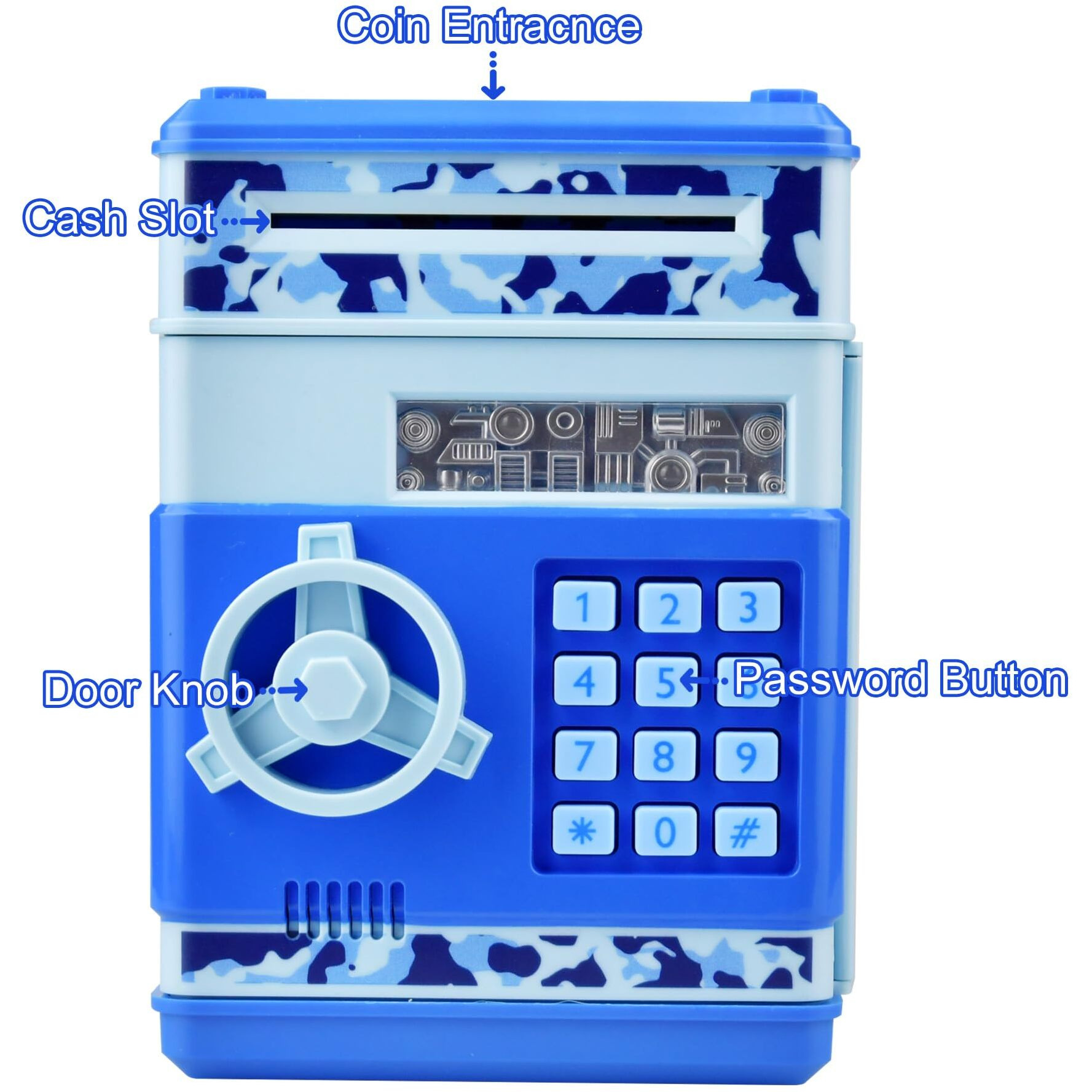 Husan Piggy Banks Money Banks For Kids, Electronic Password Code Money Banks Atm Banks Box Coin Bank For Children Boys And Girls (Camo Blue)