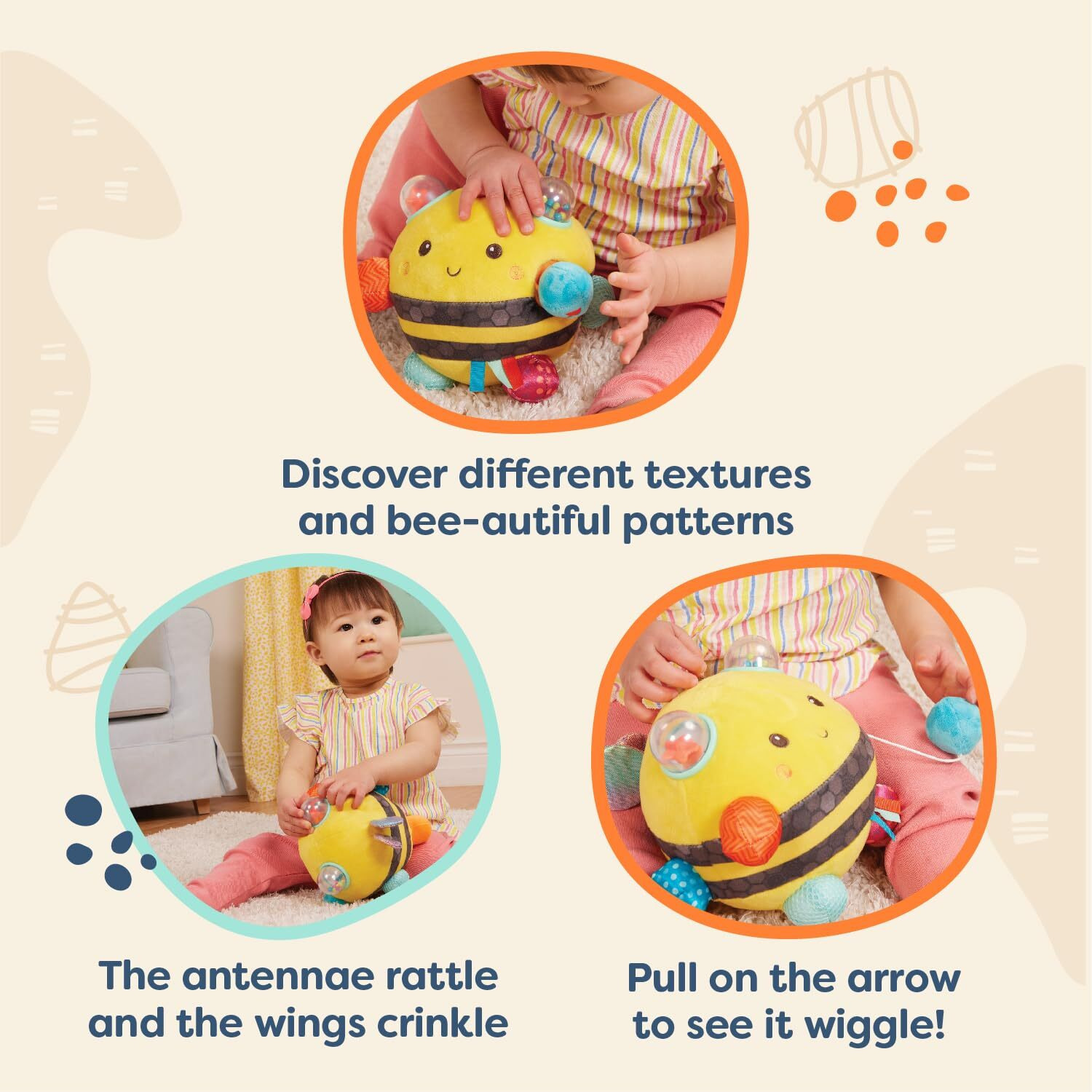 B. Sensory Plush Bumble Bee Baby ,Sensory Baby Toy - Bumpy Plush Bee With Fun Features, Interactive Play, Bumps, Colors, Textures & Sounds, Toys For Infants, Babies,Fuzzy Buzzy Bee - 0 Months +