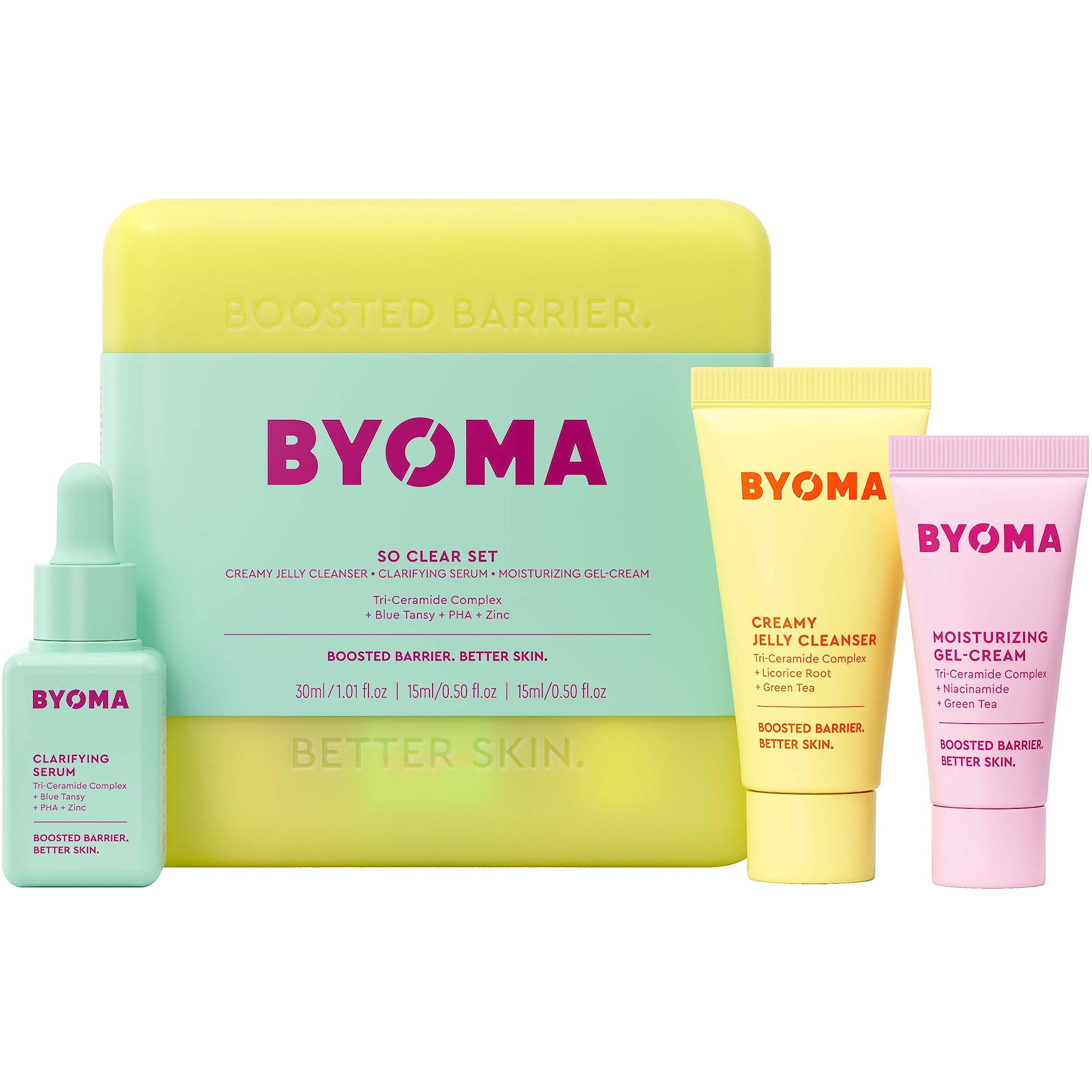 Byoma So Clear Set - Barrier Repair Skincare Set For Acne Prone Skin - Creamy Jelly Cleanser, Clarifying Face Serum & & Gel-Cream Moisturizer - Unclogs Pores, Targets Blemishes - 30Ml, 15Ml, 15Ml