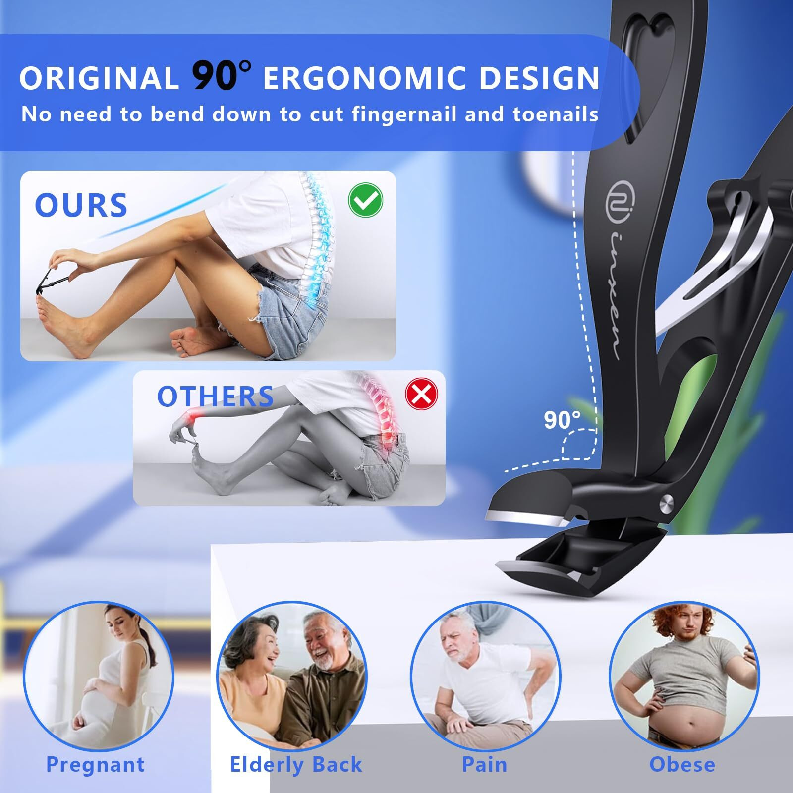 Toenail Clippers For Thick Nails - Angled Head, Wide Jaw, Inxen Ergonomic Long Handle Toe Nail Clippers For Seniors, Nail Cutter For Men & Women, Premium Steel With Nail Catcher