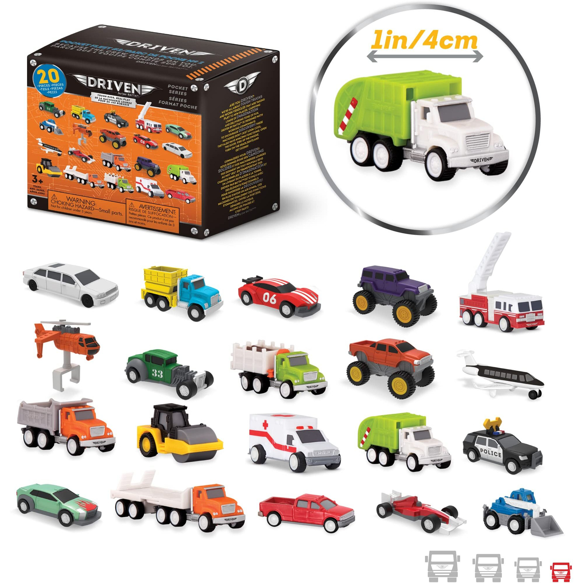Driven By Battat - Pocket Fleet 2 - 20 Packs Mini Toy Vehicles - Race Car, Construction Trucks, Police Suv, Airplane, Fire Truck & More - Gift Toy For Boys & Girls Age 3+