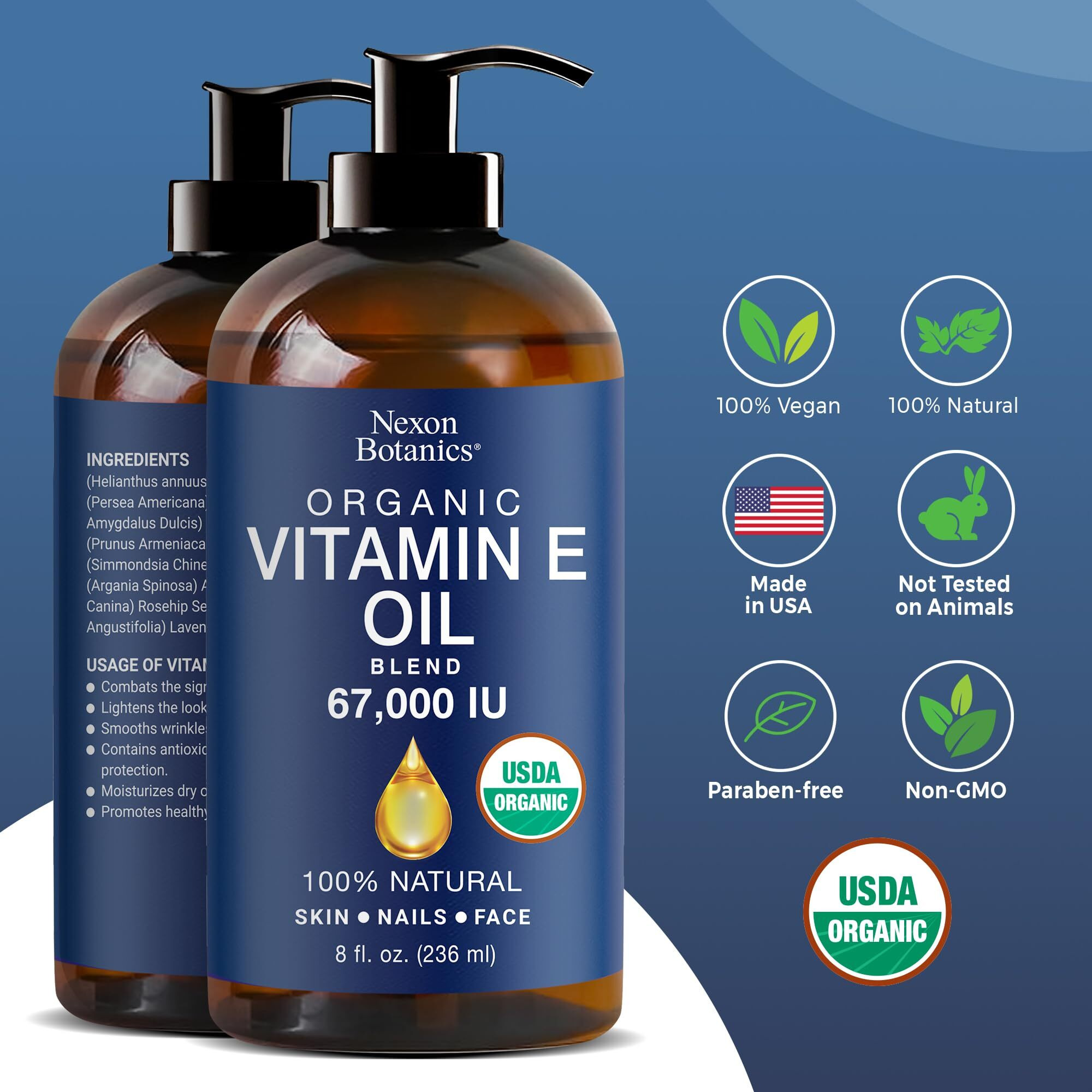 Organic Vitamin E Oil Blend 67000 Iu - 8 Fl Oz - Vitamin E Oil For Skin, Scars, Face - Made From 100% Pure And Natural Oils - Vit E Oil - Aceite De Vitamina E - Nexon Botanics