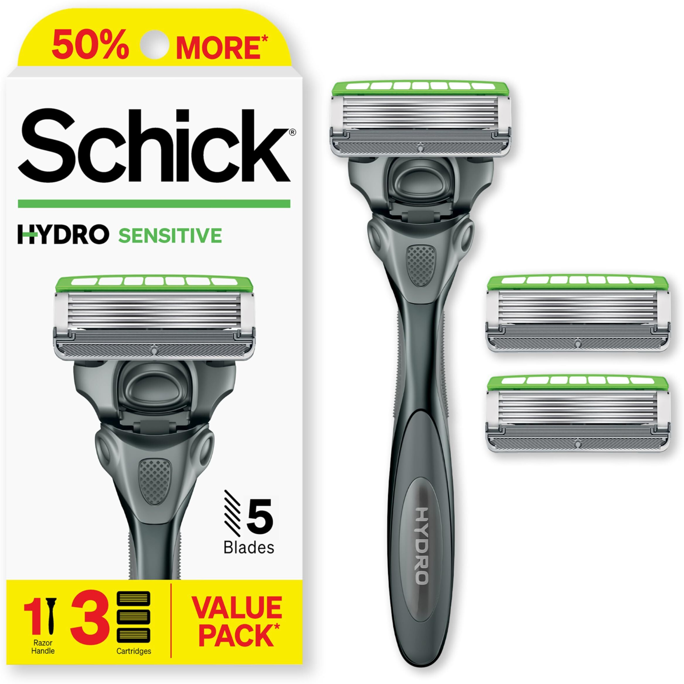 Schick Hydro Sensitive Razor, 1 Razor Handle And 3 Cartridges | Razors For Men Sensitive Skin, 5 Blade Razor Men, Mens Razors For Shaving, Razor Blades For Men, 1 Handle With 3 Razor Blades Refills