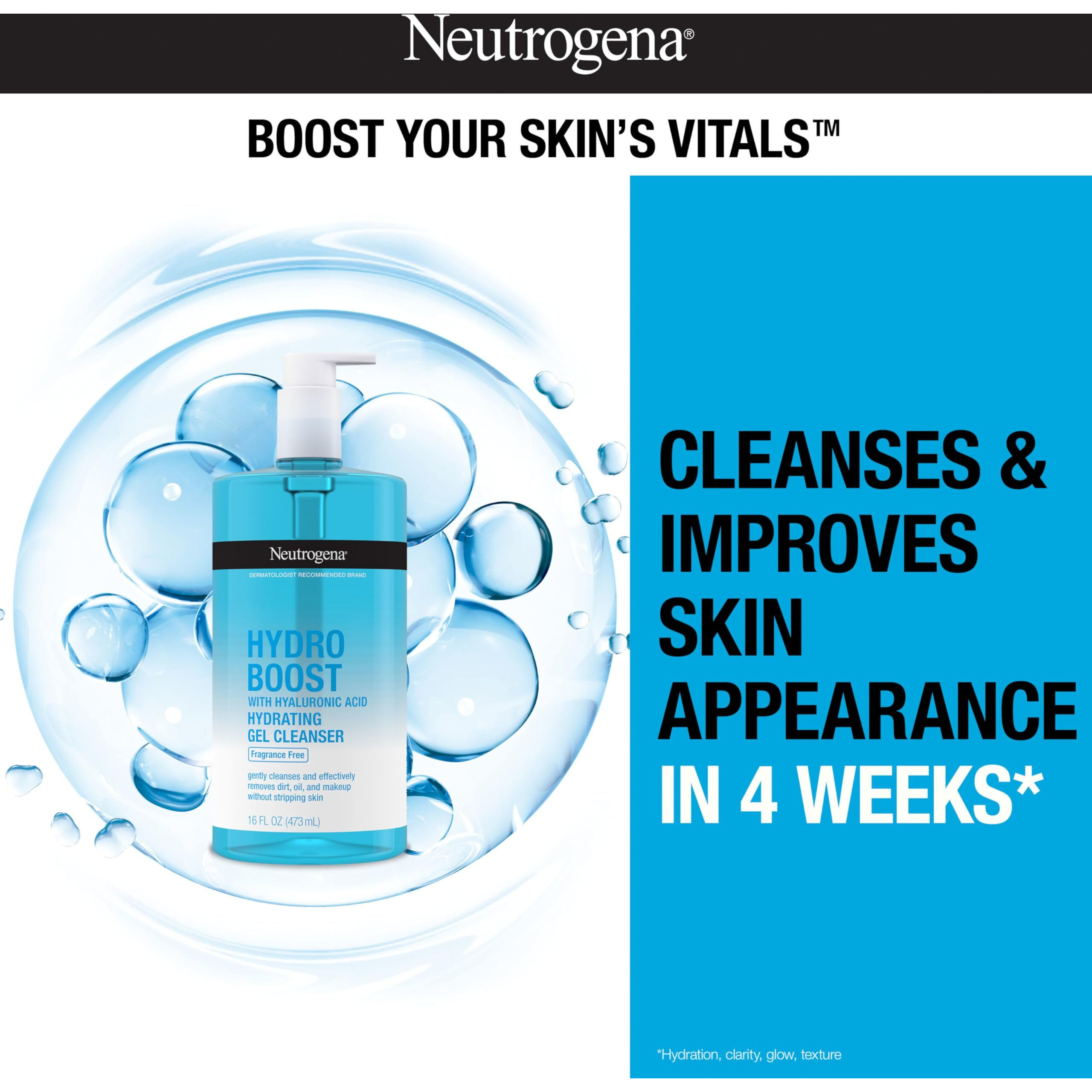 Neutrogena Hydro Boost Fragrance Free Hydrating Gel Facial Cleanser With Hyaluronic Acid, Daily Foaming Face Wash & Makeup Remover, Gentle Face Wash, Non-Comedogenic, 16 Fl. Oz