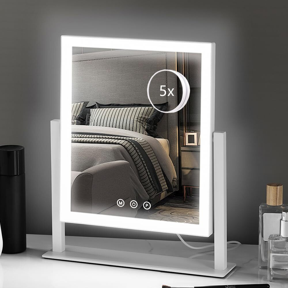 Hieey Lighted Makeup Mirror, Hollywood Vanity Mirror With Lights, Three Color Lighting Modes, And 5X Magnification Mirror, Smart Touch Control, 360Rotation (14.1In,White,Gift Box)