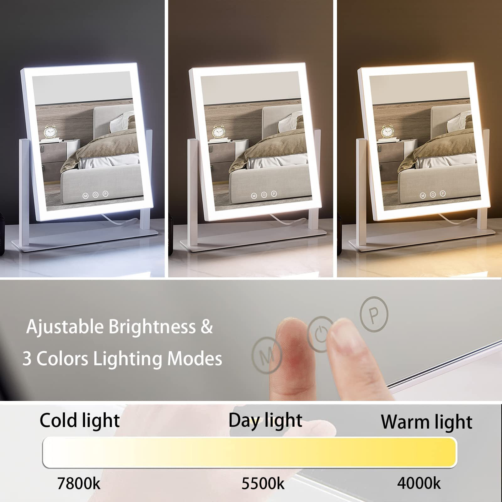 Hieey Lighted Makeup Mirror, Hollywood Vanity Mirror With Lights, Three Color Lighting Modes, And 5X Magnification Mirror, Smart Touch Control, 360Rotation (14.1In,White,Gift Box)