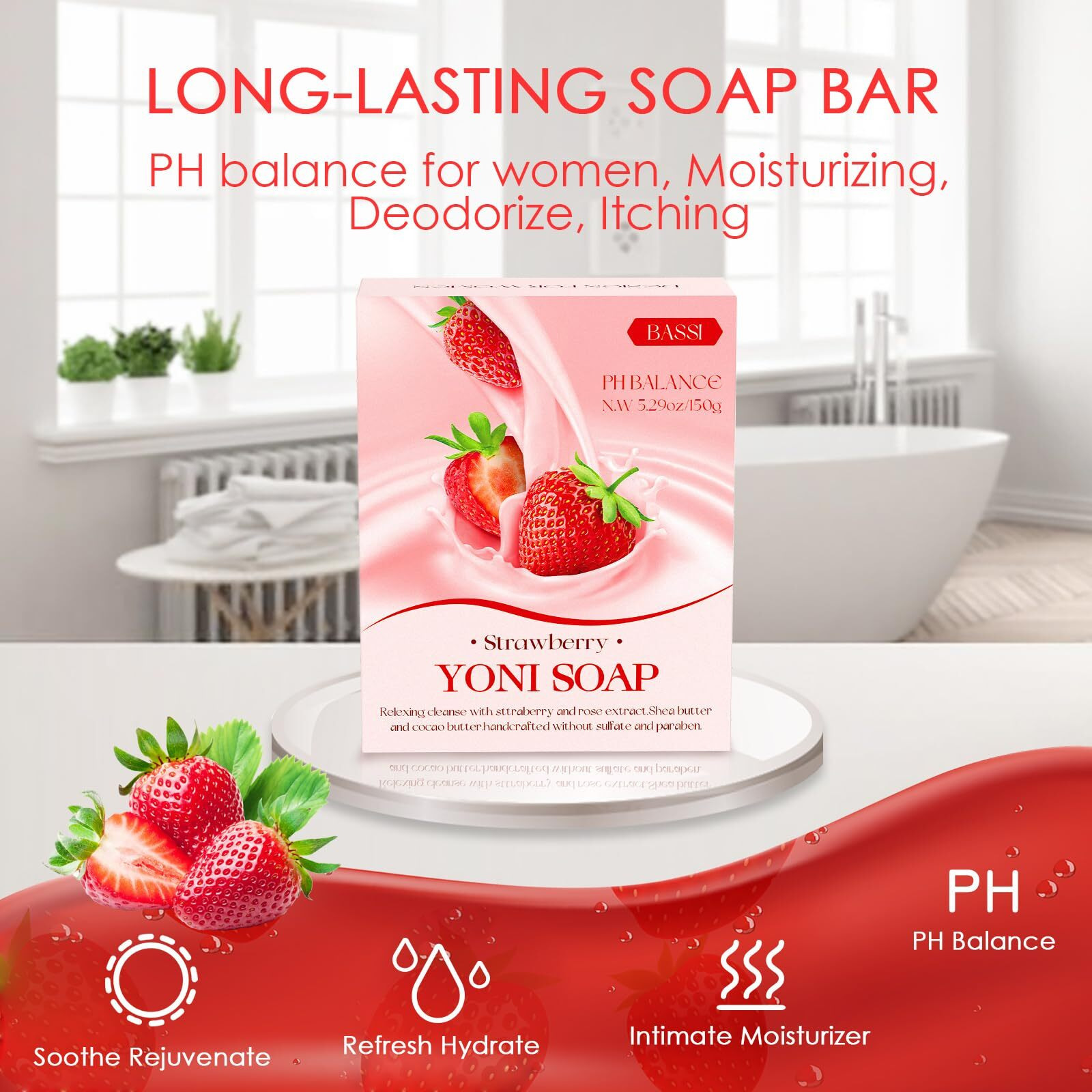 Yoni Soap Bars Feminine Wash 2 Pcs, 100% Natural Organic Strawberry Yoni Bar Soap For Women Ph Balance Yoni Wash Eliminates Odor Ph Balance Yoni Care Soap With Foaming Net, Feminine Wash 5.29Oz