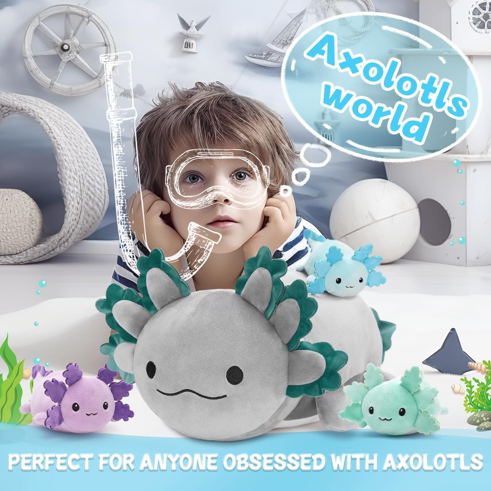 Beniny 4Pcs Axolotl Plush, Long Axolotl Stuffed Animal Mommy 24 Inch With 3 Baby Axolotl Plushies In Tummy, Axolotl Plushie Pillow Gifts For Kids Girls Boys