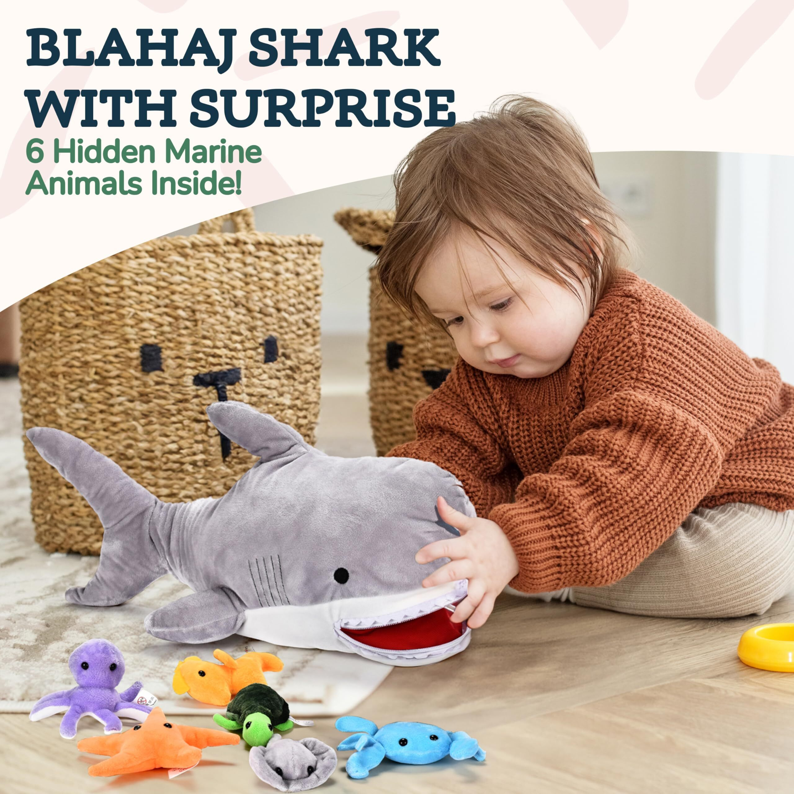 Shark Stuffed Animal - Large Blahaj Shark Plushie With 6 Under The Sea Mini Stuffed Toys - Multicolor Plushies With Storage Space For Other Toys - Megalodon Stuffed Shark - Easy To Clean