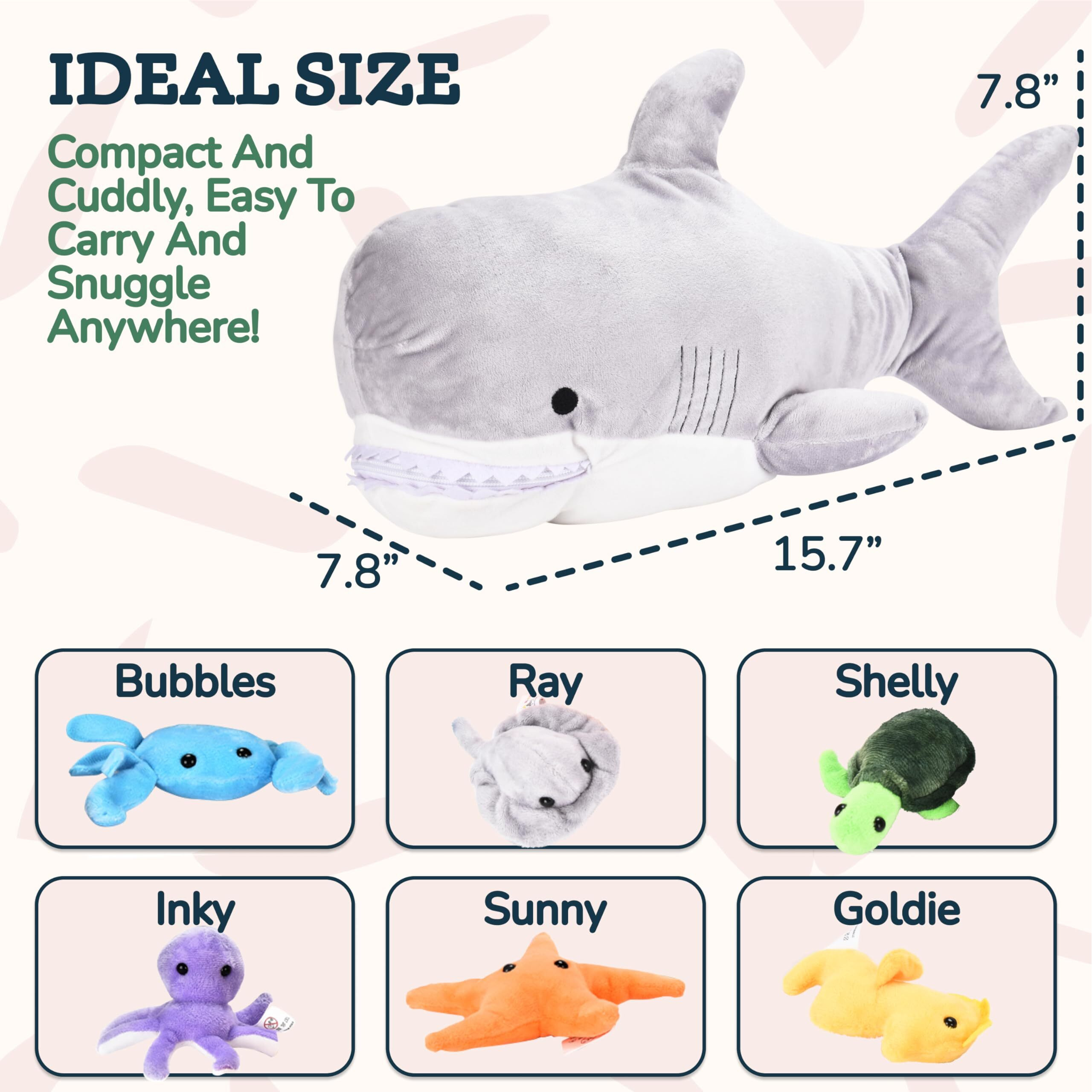 Shark Stuffed Animal - Large Blahaj Shark Plushie With 6 Under The Sea Mini Stuffed Toys - Multicolor Plushies With Storage Space For Other Toys - Megalodon Stuffed Shark - Easy To Clean