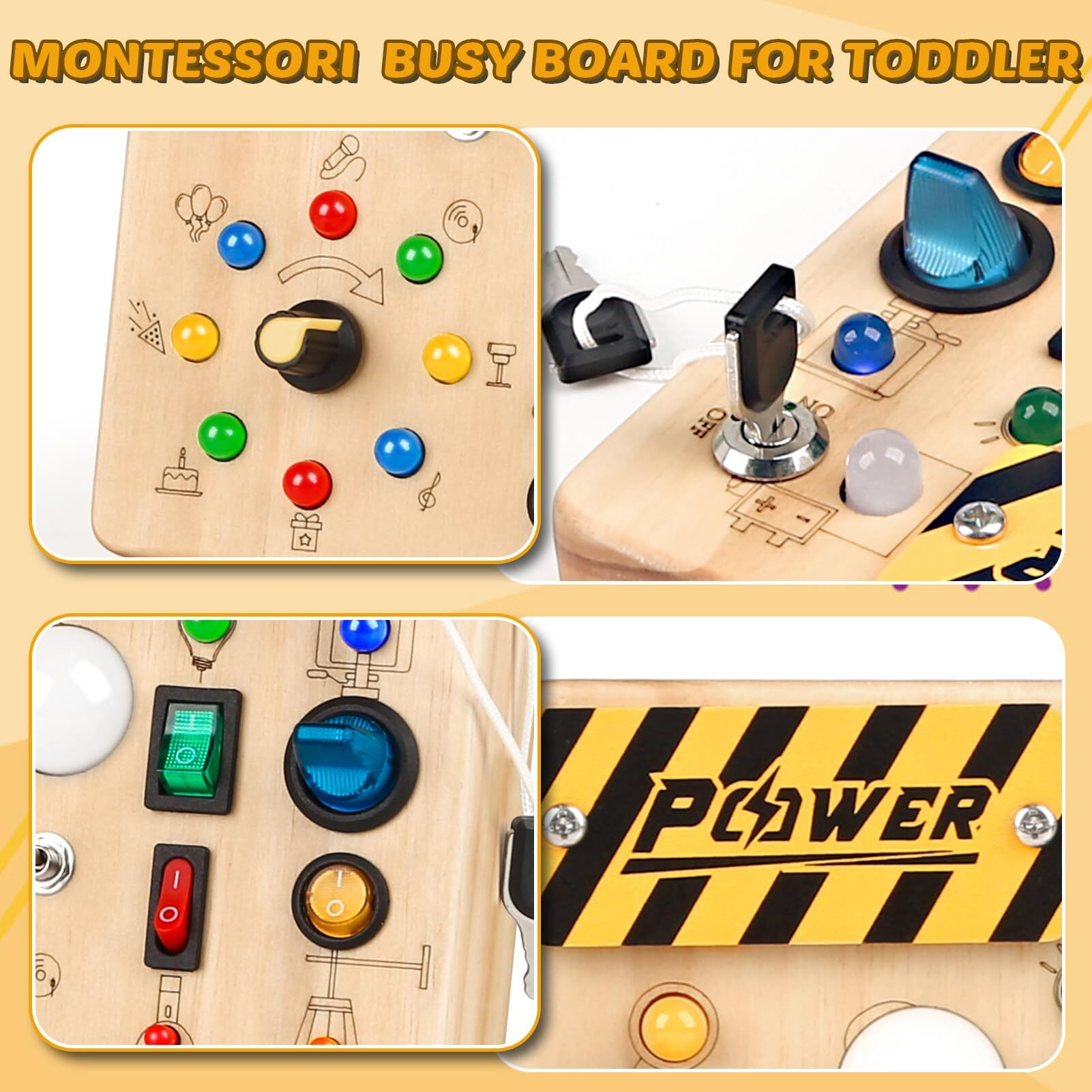 Joyreal Montessori Toddler Busy Board, 19 Led Wooden Sensory Board Educational Toys, Montessori Toys For 1-6 Year Old, Travel Toys Gifts For Toddlers Boys And Girls