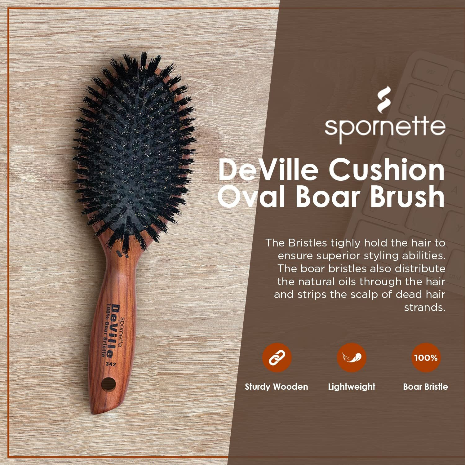 Spornette Deville Cushion Oval Paddle Brush, Boar Bristle Hair Brush With Wooden Handle - For Straightening, Smoothing, Detangling, Styling & Brush Outs For Women, Men & Kids - All Hair Types