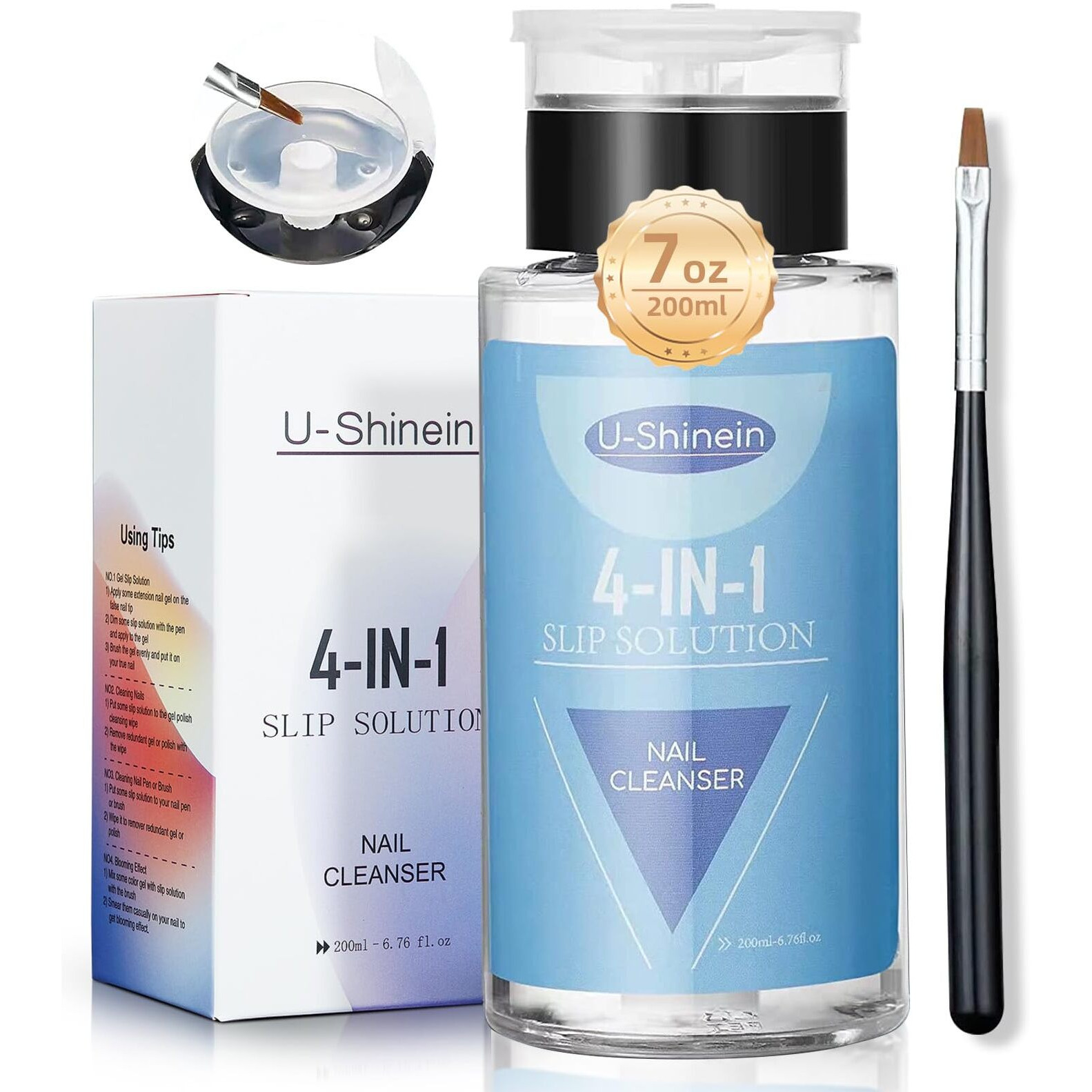 U-Shinein 200Ml Nail Slip Solution, 4-In-1 Poly Nail Gel Slip Solution Poly Nail Extension Gel Liquid Slip Solution Builder Gel, Nail Cleaner Liquid Nail Polish Remover With Nail Brush Nail Art