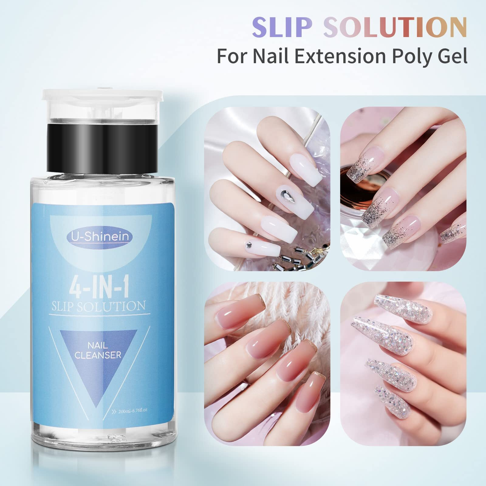U-Shinein 200Ml Nail Slip Solution, 4-In-1 Poly Nail Gel Slip Solution Poly Nail Extension Gel Liquid Slip Solution Builder Gel, Nail Cleaner Liquid Nail Polish Remover With Nail Brush Nail Art