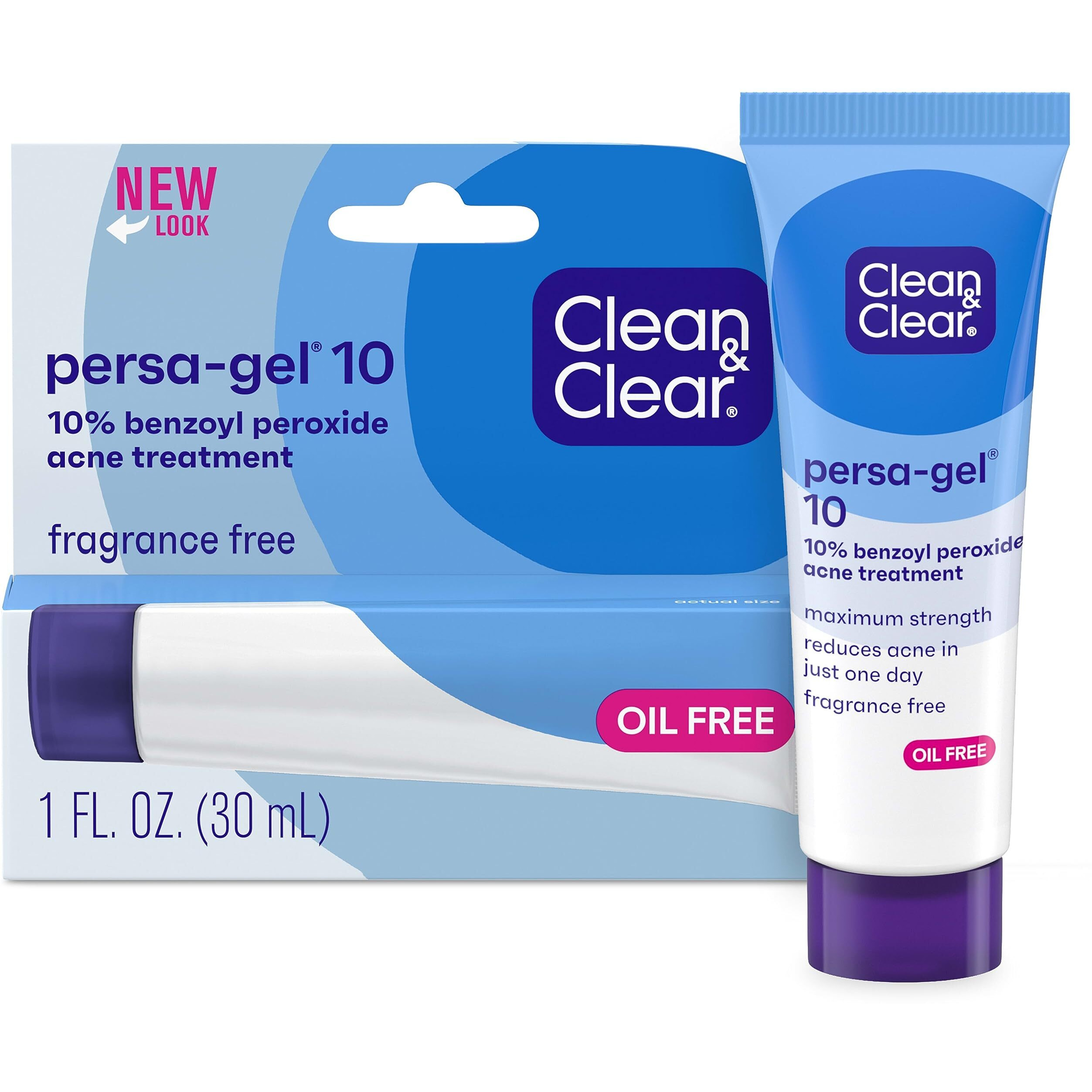 Clean & Clear Persa-Gel 10 Oil-Free Acne Spot Treatment With Maximum Strength 10% Benzoyl Peroxide, Topical Pimple Cream & Acne Gel Medication For Face Acne, Fragrance-Free, 1 Fl. Oz
