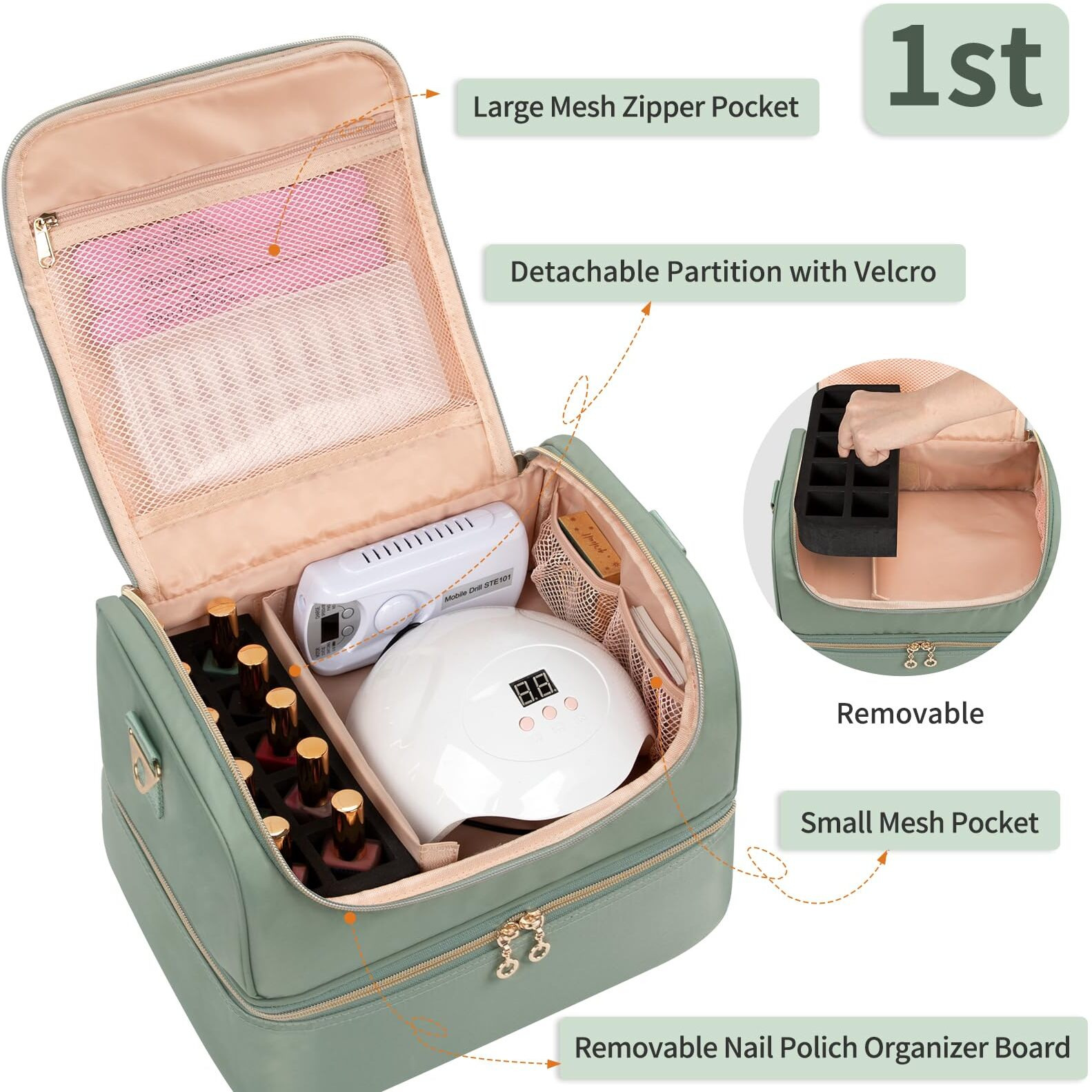 Nail Polish Organizer Case, Nail Supplies Storage Box Holds 45 Bottles Nail Polish & Nail Lamp, Travel Nail Tech Carrying Case, Nail Kit Bag For Nail Stuff & Manicure Tools