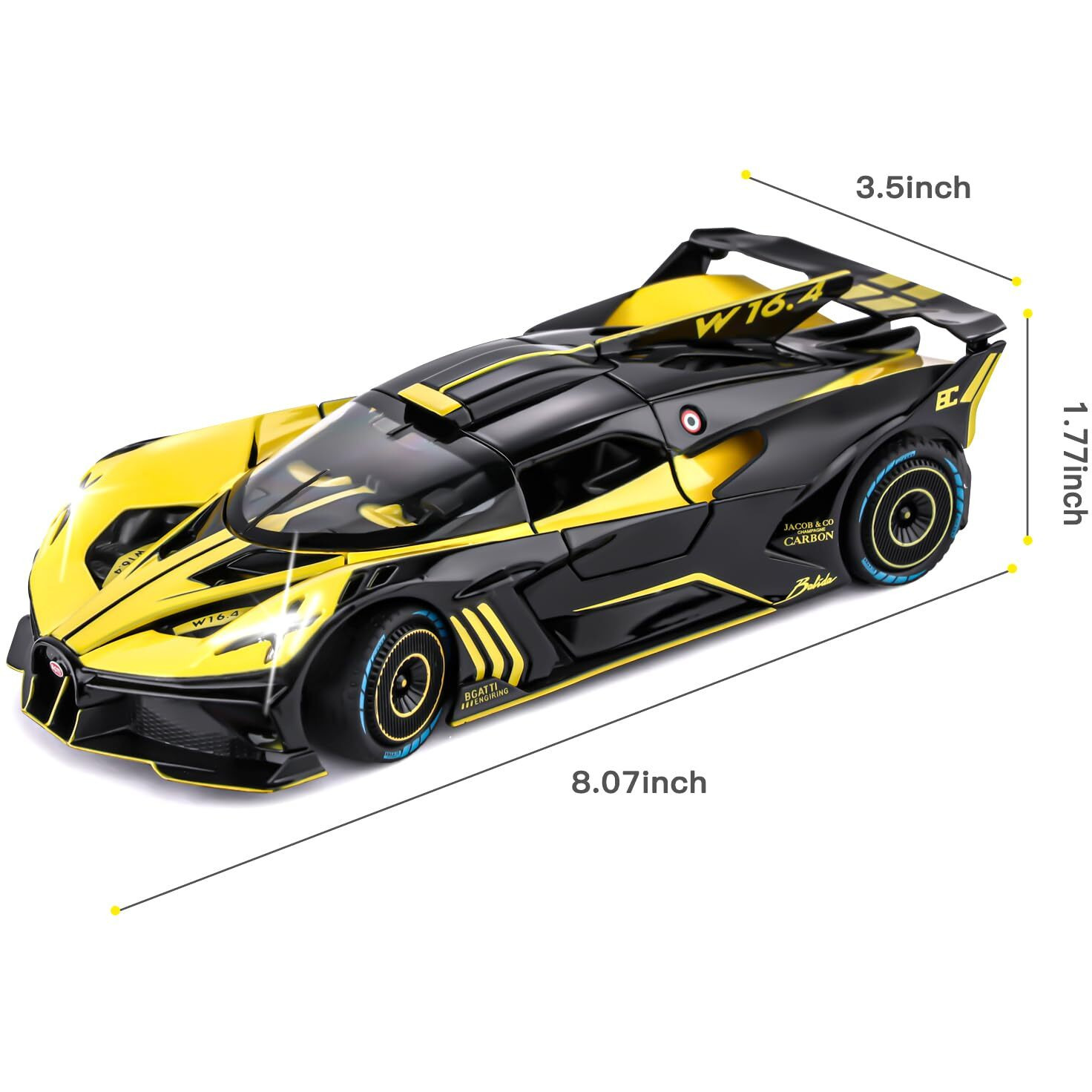 Toy Car Model For Bugatti Compatible With 124 Bugatti Bolide Alloy Diecast Car Toy With Lights And Music, Pull Back Car Toys For Kids Boys Girls Gift (Yellow)