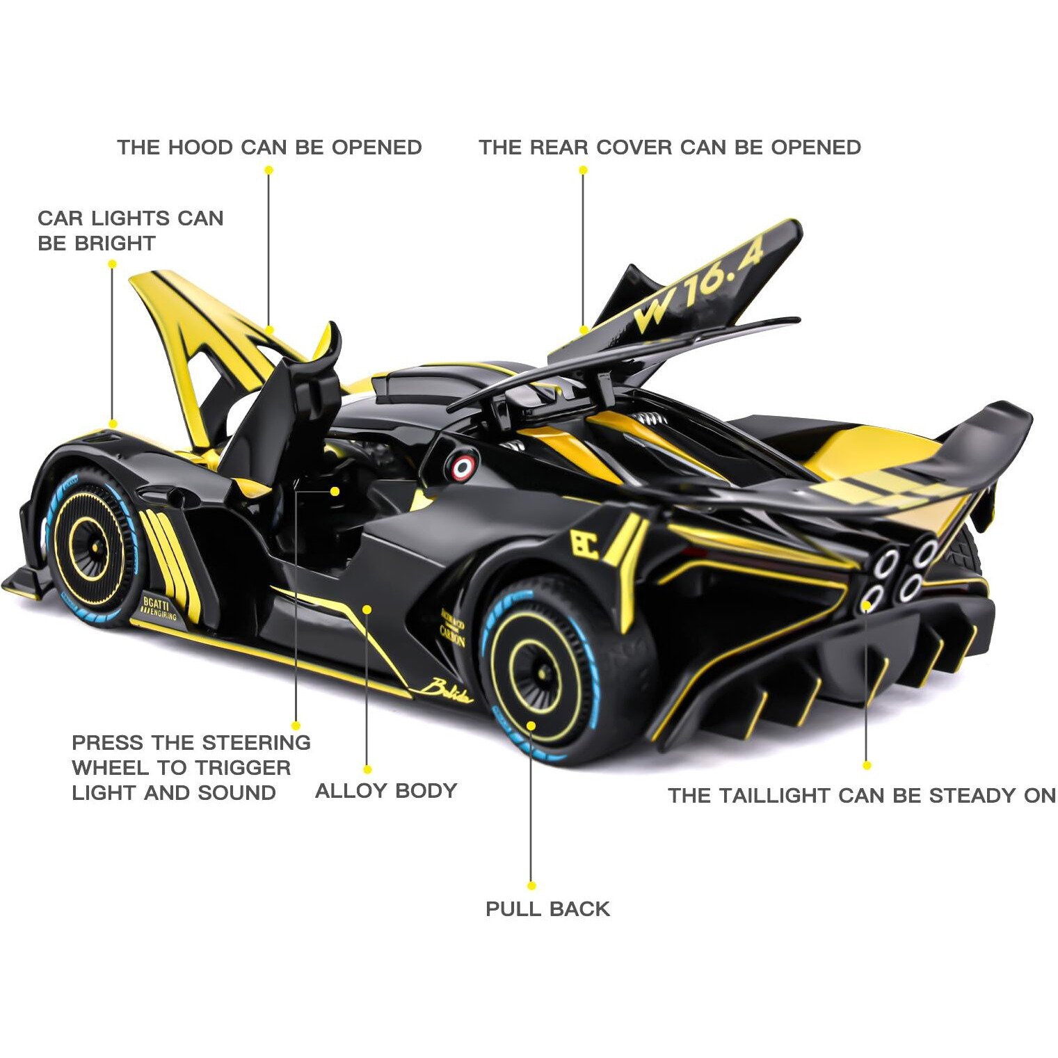 Toy Car Model For Bugatti Compatible With 124 Bugatti Bolide Alloy Diecast Car Toy With Lights And Music, Pull Back Car Toys For Kids Boys Girls Gift (Yellow)