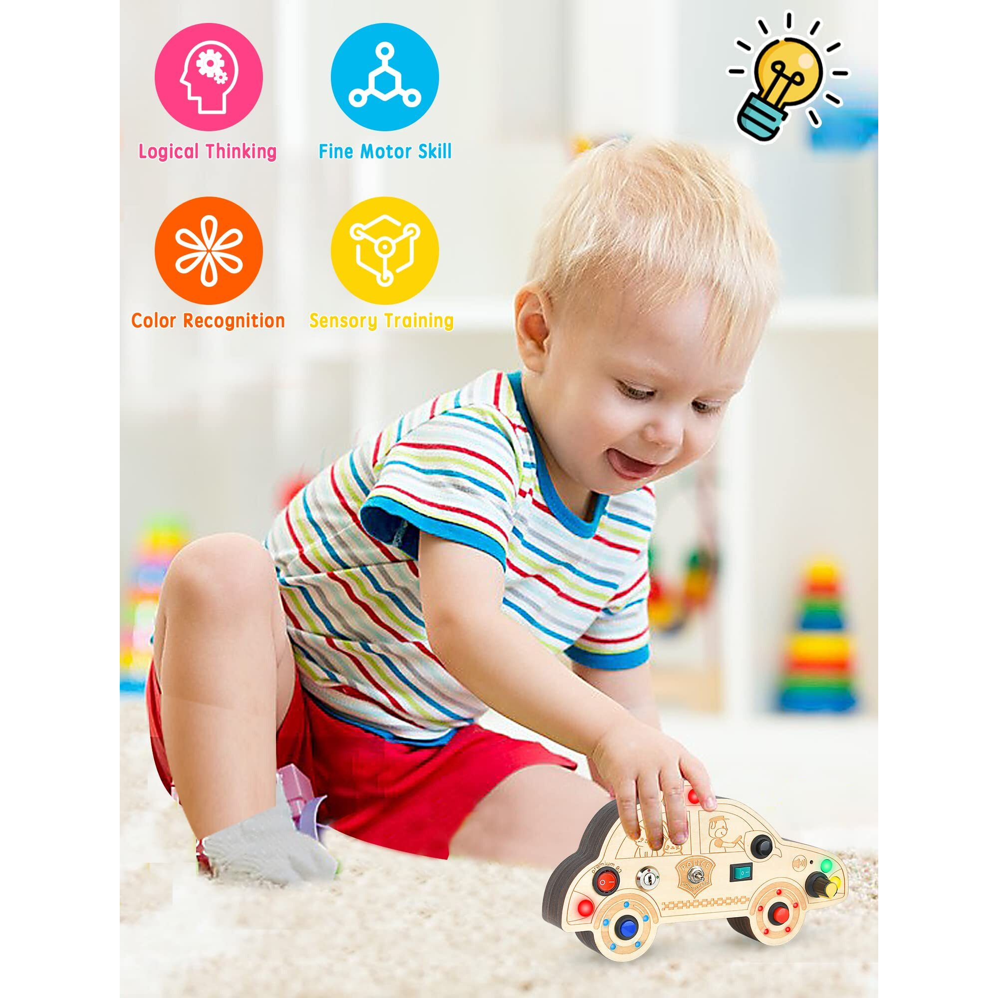 Hoolyuk Busy Board For 3+ Year Old Toddler, Wooden Car Sensory Toy For Autistic Children With Led Light Switches And Toggle Switch, Portable Fidget Toy Great For Travel