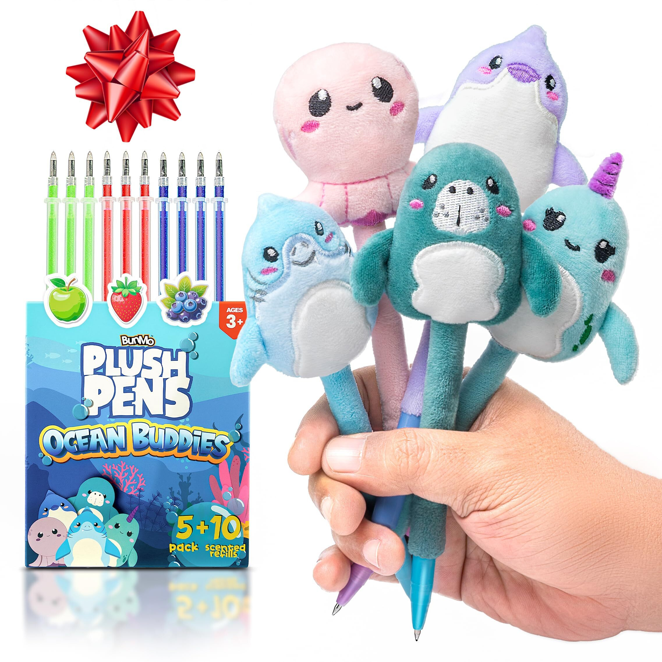 Bunmo Stocking Stuffers For Girls - Plush Pens 5 Pack - 10 Scented & Glittery Refills - Stocking Stuffers For Kids Teens Tweens - Fun Pens For Kids - Stuffed Animals For Girls Kawaii Stationery