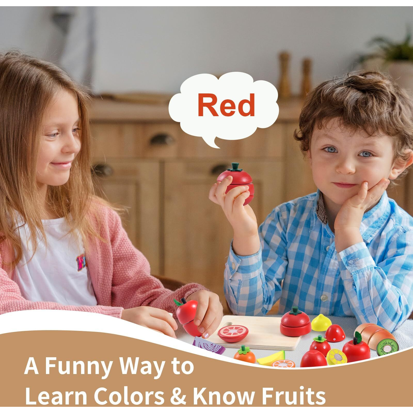 Whoholl Wooden Play Food For Kids Kitchen Playset, Play Kitchen Accessories Pretend Cutting Food Montessori Toys For 2+ Year Old With Basket, Toy Food For Fine Motor Skills