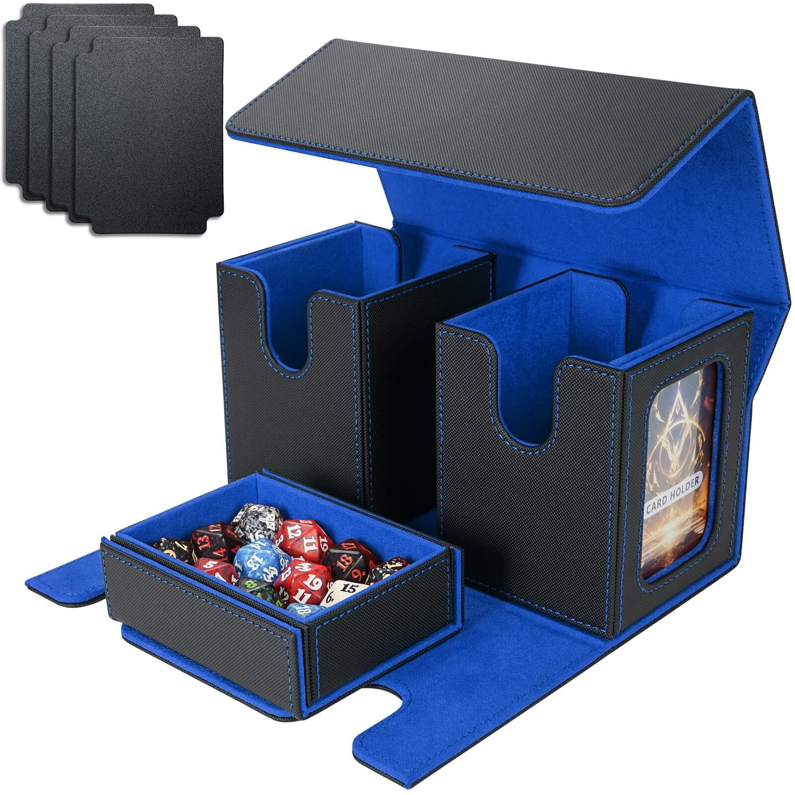 Afiing Mtg Commander Card Storage Box - Fits 200 Double Sleeved Cards,3-In-1Card Deck Case,Strong Magnet Card Organizer For Magic Commander Tcg Ccg,4Dividers &2 Toploaders, Black/Blue