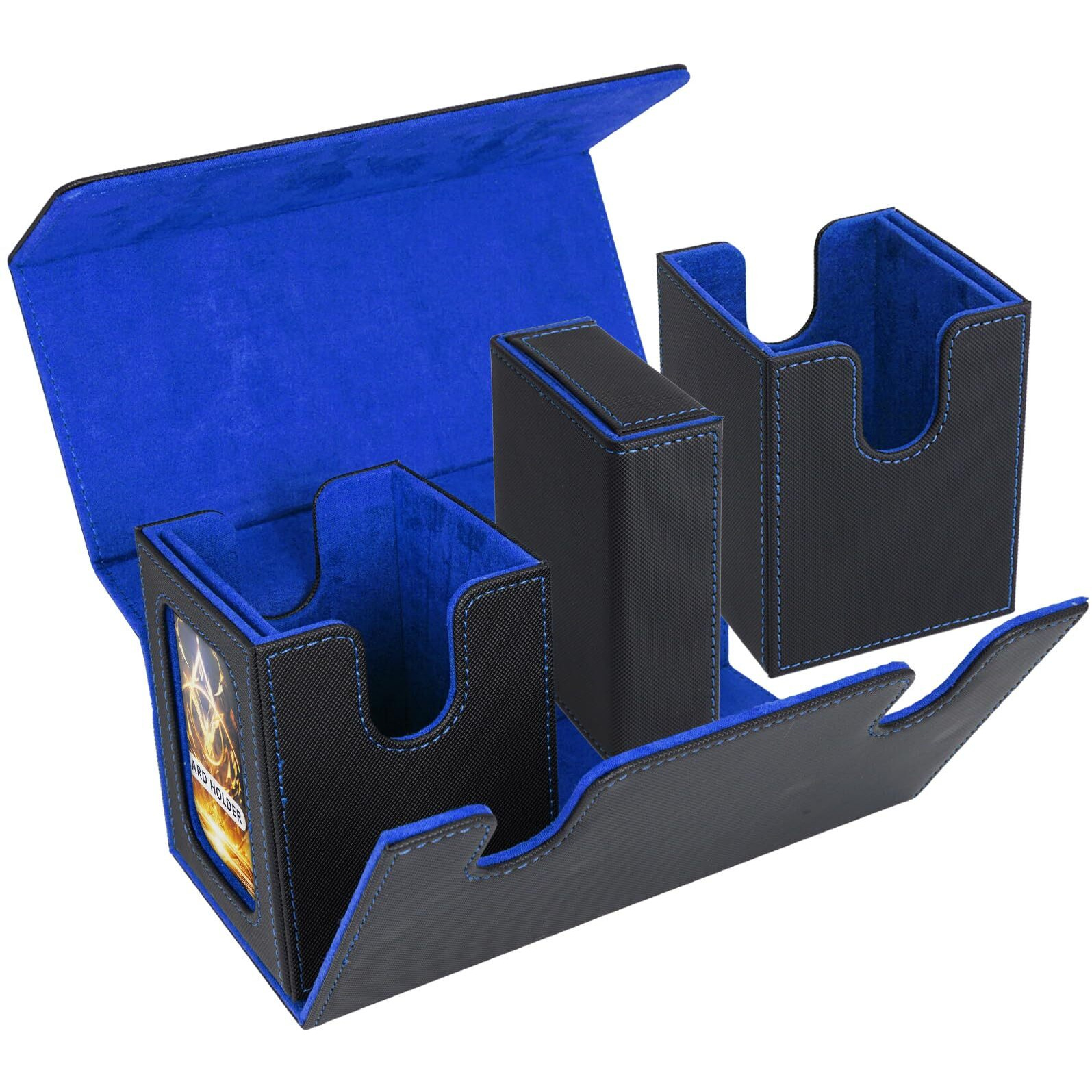 Afiing Mtg Commander Card Storage Box - Fits 200 Double Sleeved Cards,3-In-1Card Deck Case,Strong Magnet Card Organizer For Magic Commander Tcg Ccg,4Dividers &2 Toploaders, Black/Blue