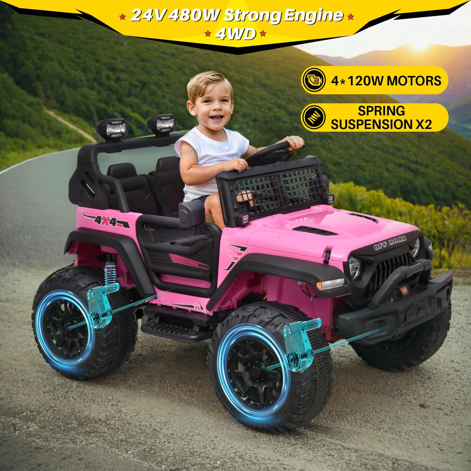 Blitzshark 24V Max Ride-On Truck 2 Seater 4Wd Kids Electric Vehicle 4X4 Xxl Battery Powered Car, With 480W Ultra Powerful Motor, 7Ah Battery, Remote Control, Full-Metal Suspension& Diy Sticker, Pink