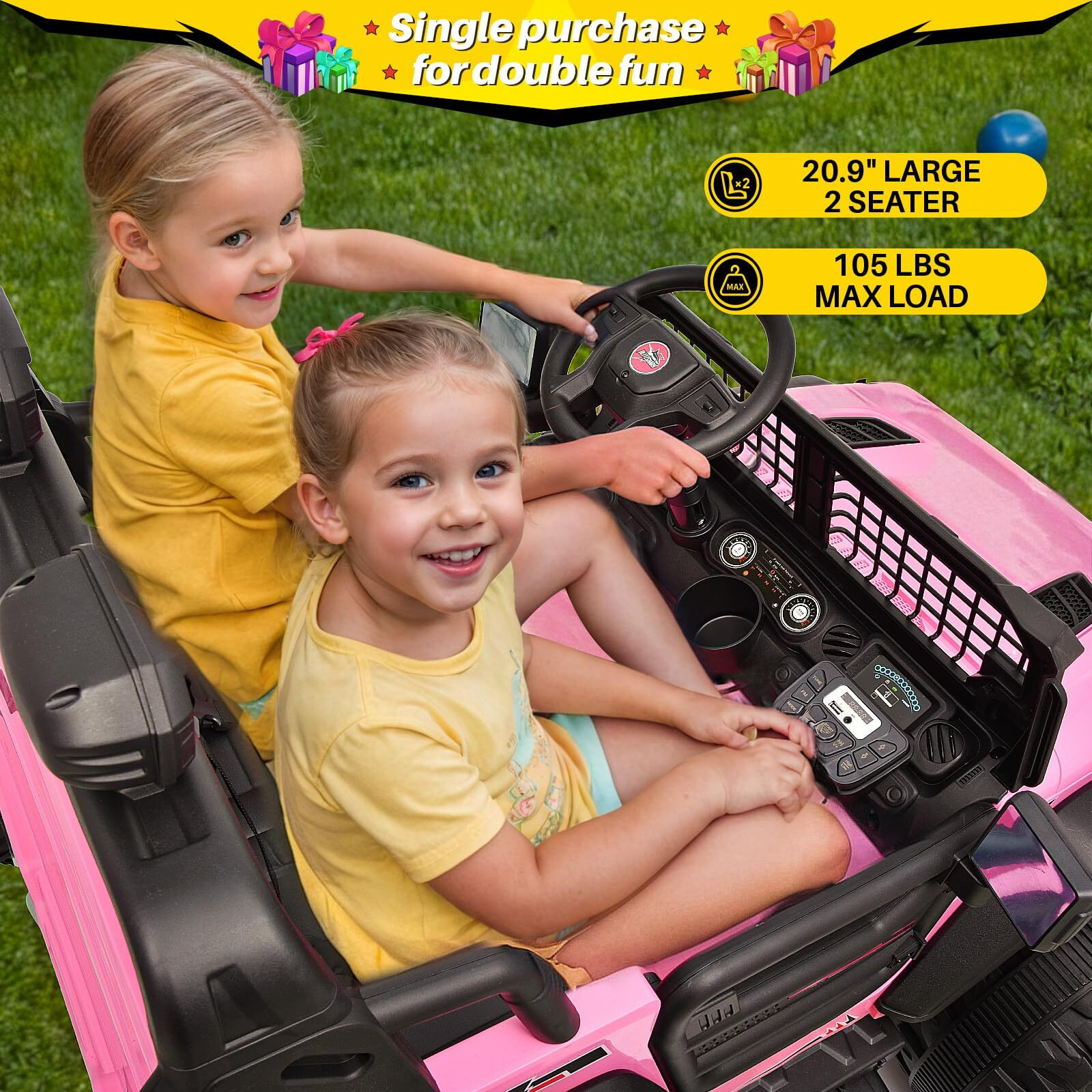 Blitzshark 24V Max Ride-On Truck 2 Seater 4Wd Kids Electric Vehicle 4X4 Xxl Battery Powered Car, With 480W Ultra Powerful Motor, 7Ah Battery, Remote Control, Full-Metal Suspension& Diy Sticker, Pink