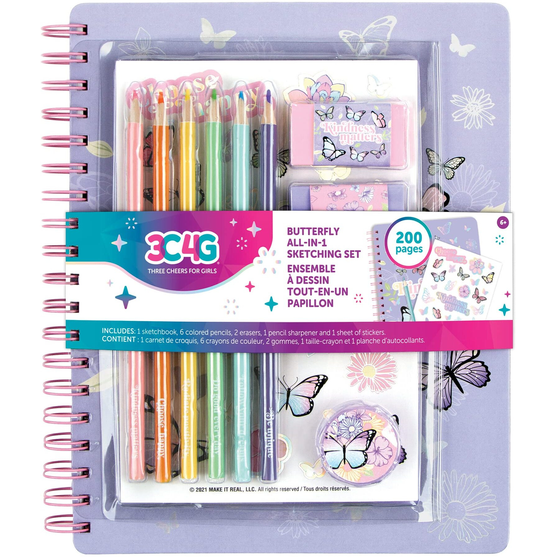 Three Cheers For Girls - Butterfly All-In-1 Sketchbook Set - Girls Diary, Journal, Sketch Book For Kids W/ Pencils, Stickers & More - Drawing Kit For Kids - Unlined Diary For Girls - Kids Sketch Pad