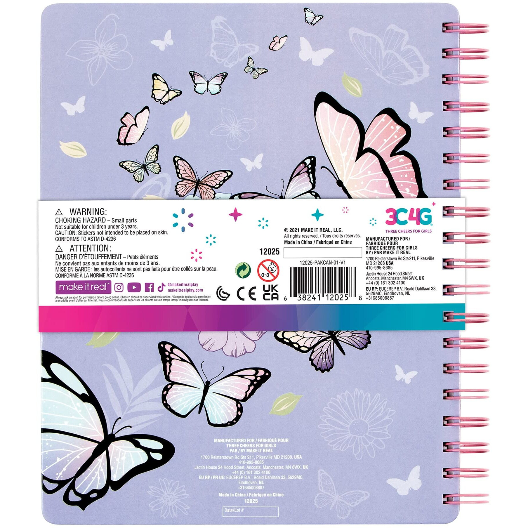 Three Cheers For Girls - Butterfly All-In-1 Sketchbook Set - Girls Diary, Journal, Sketch Book For Kids W/ Pencils, Stickers & More - Drawing Kit For Kids - Unlined Diary For Girls - Kids Sketch Pad