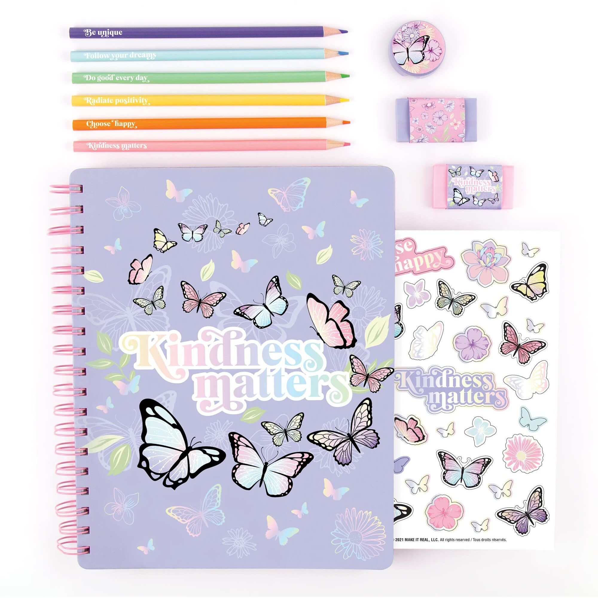 Three Cheers For Girls - Butterfly All-In-1 Sketchbook Set - Girls Diary, Journal, Sketch Book For Kids W/ Pencils, Stickers & More - Drawing Kit For Kids - Unlined Diary For Girls - Kids Sketch Pad